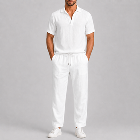 Set Lino Uomo Bianco Elegante - Camicia e Pantaloni Estivi Traspiranti - - ademend boulevard outfit broek set casual casual chic comfortabel completo estivo dagelijks gebruik elastische taille heren mode heren set lente zomer lichtgewicht Linen linnen look linnen set luchtig Men minimalistisch set lino uomo smart casual Solid Spring Summer stijlvol top en broek set trekkoord vakantie stijl veelzijdig witte linnen set witte set zomers zomerset - Concept Palermo