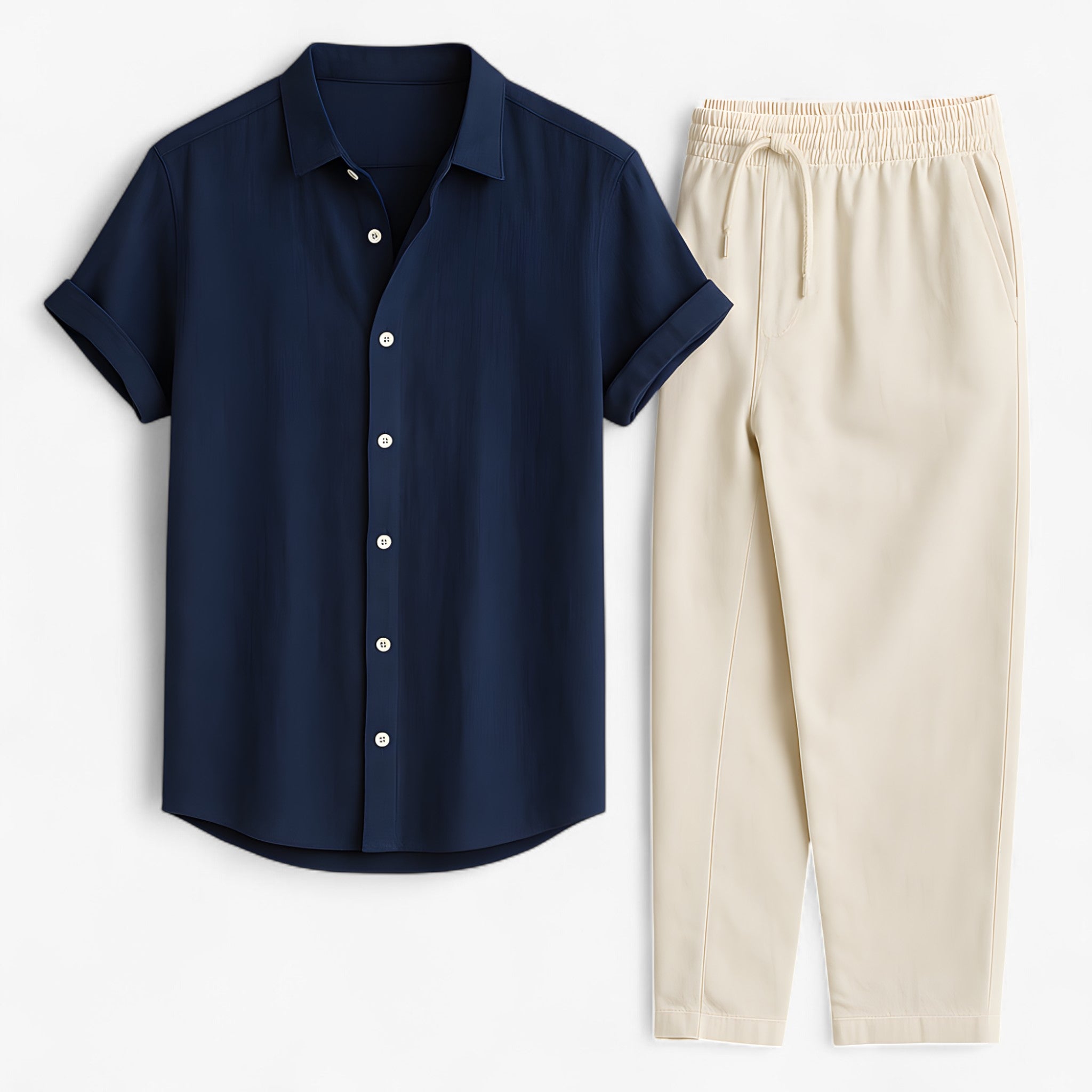 Camicia e pantaloni in lino dal taglio rilassato – Raffinatezza traspirante Uomo - Blu marino S - Basic beige bestsellers camicia camicia pantaloni lino man oud outfit sets pantaloni raffinatezza rilassato Solid Summer taglio - Concept Palermo