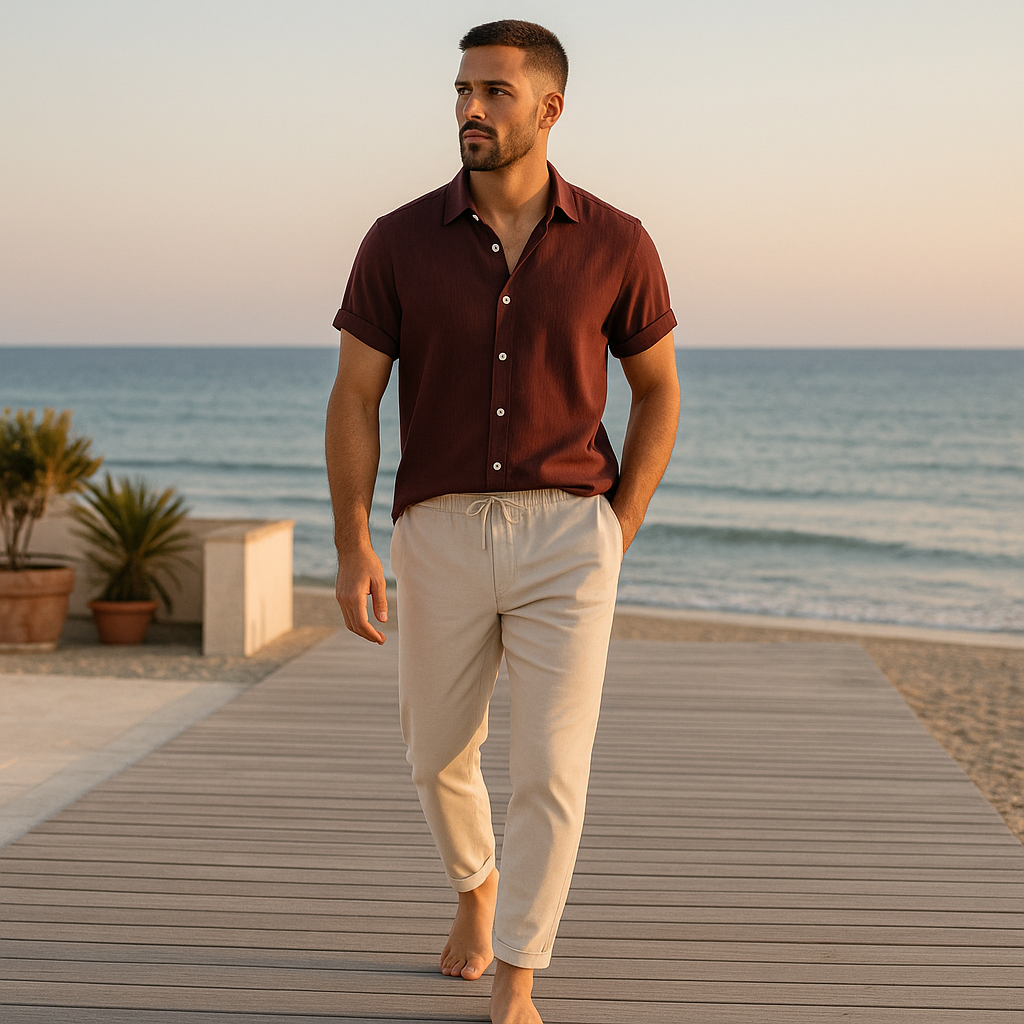 Camicia e pantaloni in lino dal taglio rilassato – Raffinatezza traspirante Uomo - - Basic beige bestsellers camicia camicia pantaloni lino man oud outfit sets pantaloni raffinatezza rilassato Solid Summer taglio - Concept Palermo