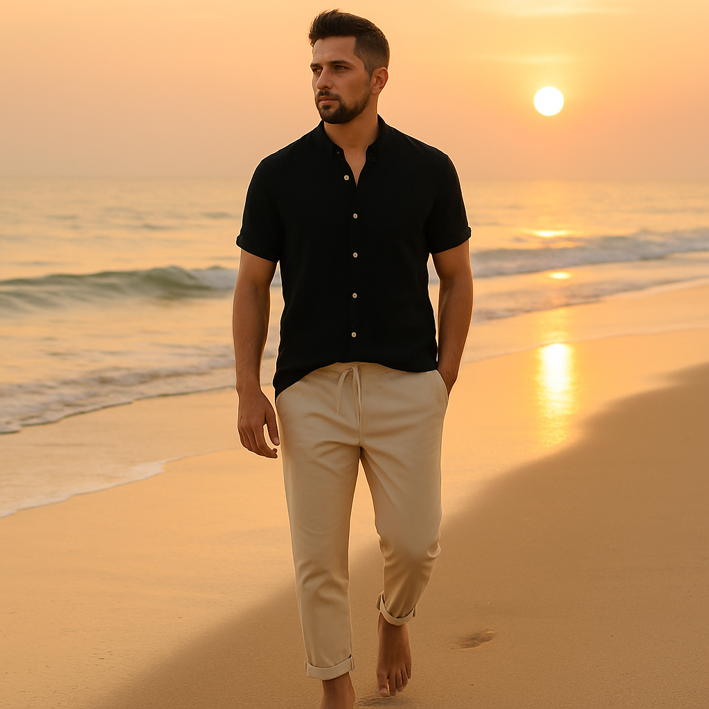 Camicia e pantaloni in lino dal taglio rilassato – Raffinatezza traspirante Uomo - - Basic beige bestsellers camicia camicia pantaloni lino man oud outfit sets pantaloni raffinatezza rilassato Solid Summer taglio - Concept Palermo