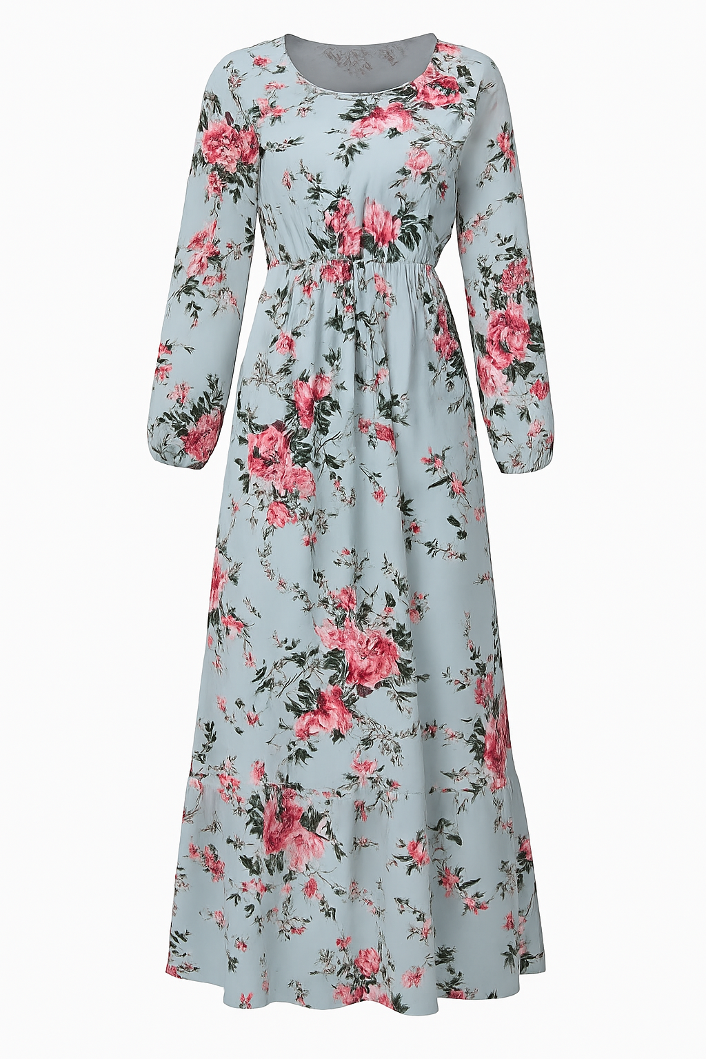 Abito Lungo Floreale Donna in Lino Boho Chic, Maniche Lunghe, Estivo - Floreale azzurro - abito abito floreale casual dresses DRESS Dresses eleganza female dress floreale lino lunghe maniche Maxi Dresses - Concept Palermo