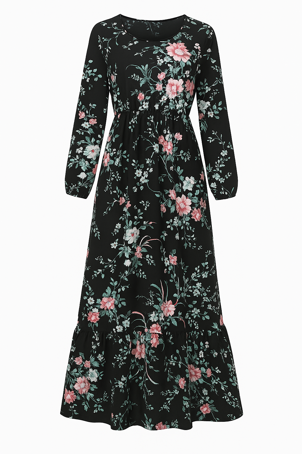 Abito Lungo Floreale Donna in Lino Boho Chic, Maniche Lunghe, Estivo - Floreale nero 1 - abito abito floreale casual dresses DRESS Dresses eleganza female dress floreale lino lunghe maniche Maxi Dresses - Concept Palermo