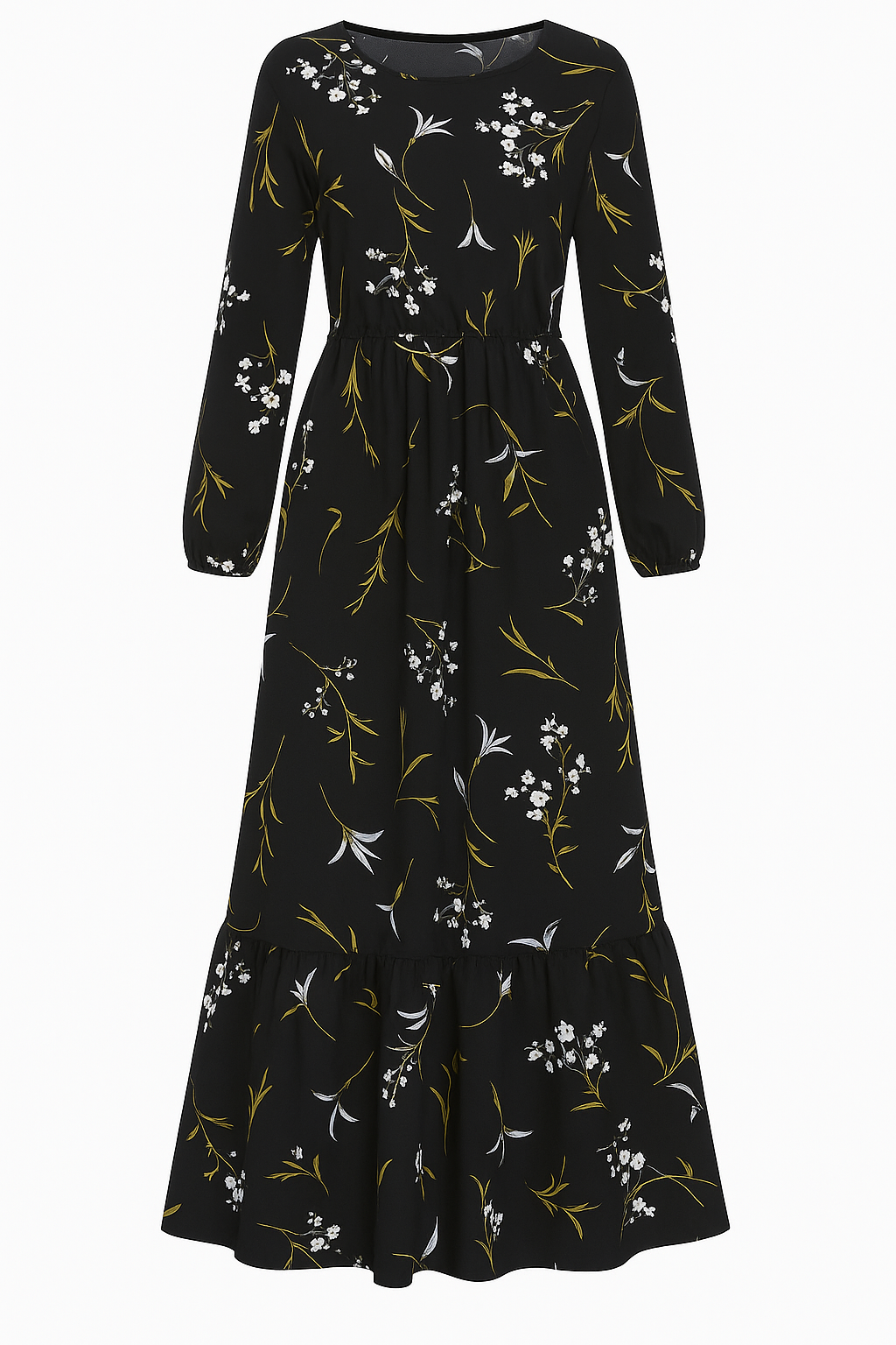 Abito Lungo Floreale Donna in Lino Boho Chic, Maniche Lunghe, Estivo - Floreale nero 2 - abito abito floreale casual dresses DRESS Dresses eleganza female dress floreale lino lunghe maniche Maxi Dresses - Concept Palermo