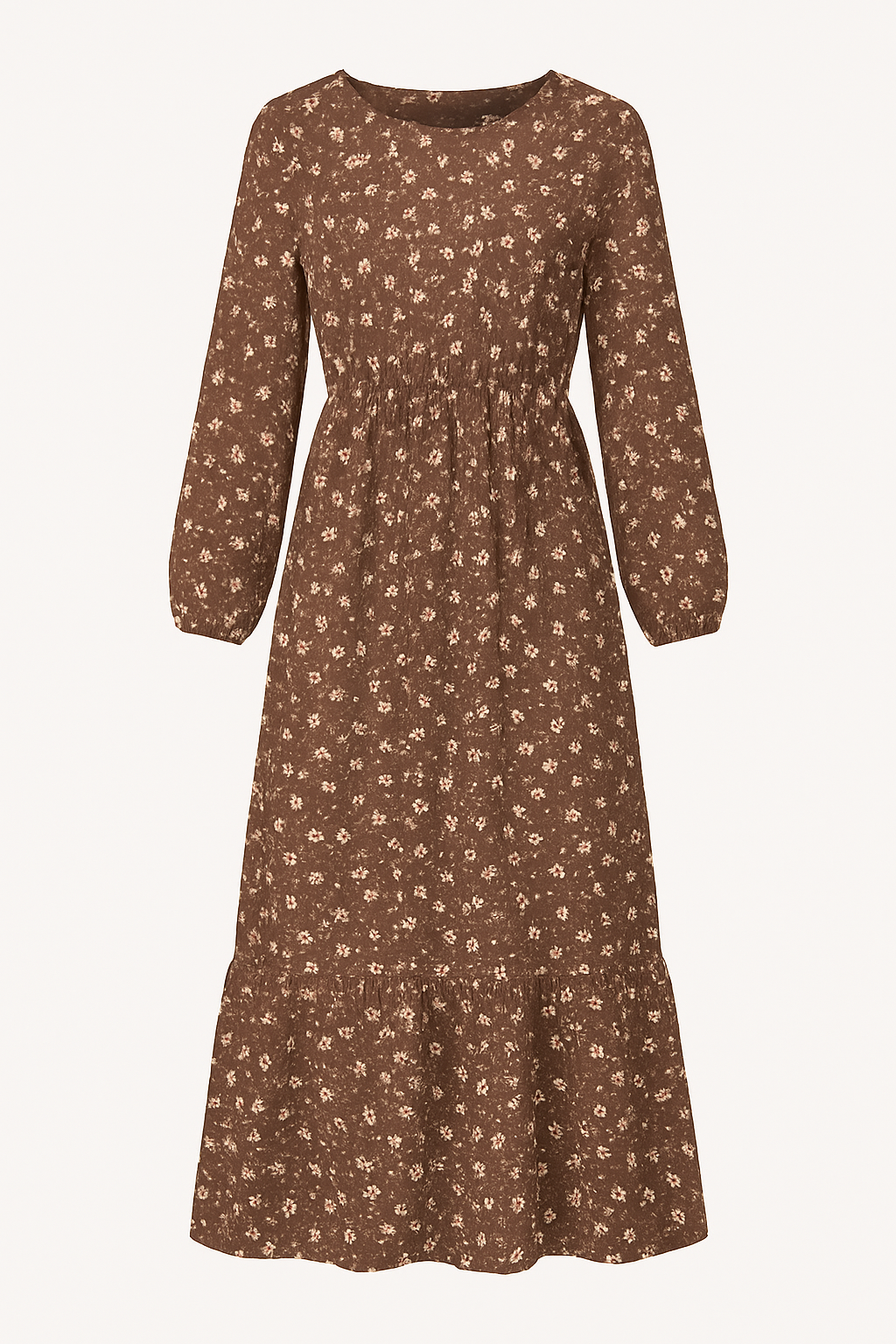 Abito Lungo Floreale Donna in Lino Boho Chic, Maniche Lunghe, Estivo - Floreale marrone - abito abito floreale casual dresses DRESS Dresses eleganza female dress floreale lino lunghe maniche Maxi Dresses - Concept Palermo