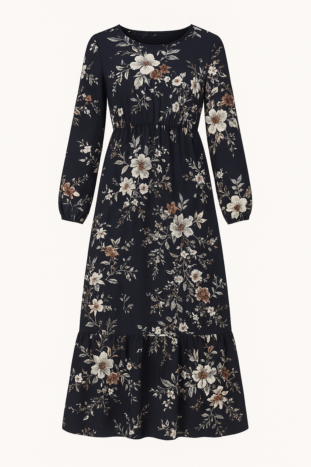 Abito Lungo Floreale Donna in Lino Boho Chic, Maniche Lunghe, Estivo - Floreale blu navy - abito abito floreale casual dresses DRESS Dresses eleganza female dress floreale lino lunghe maniche Maxi Dresses - Concept Palermo