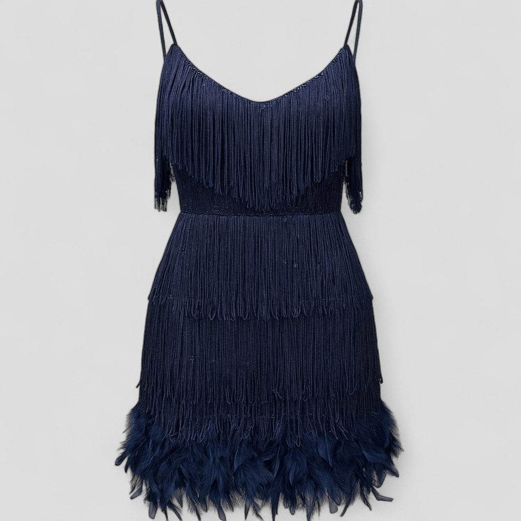Abito da Cocktail Elegante per Donna, Vestito da Sera Formale in Raso Nero, Taglie S-XL - Blu navy - abito abito cocktail abito da cocktail abito da sera abito elegante abito per eventi speciali cocktail cocktail dress donna dresses moda femminile paillettes brillanti stile glamour vestito con dettagli in piume vestito per feste - Concept Palermo