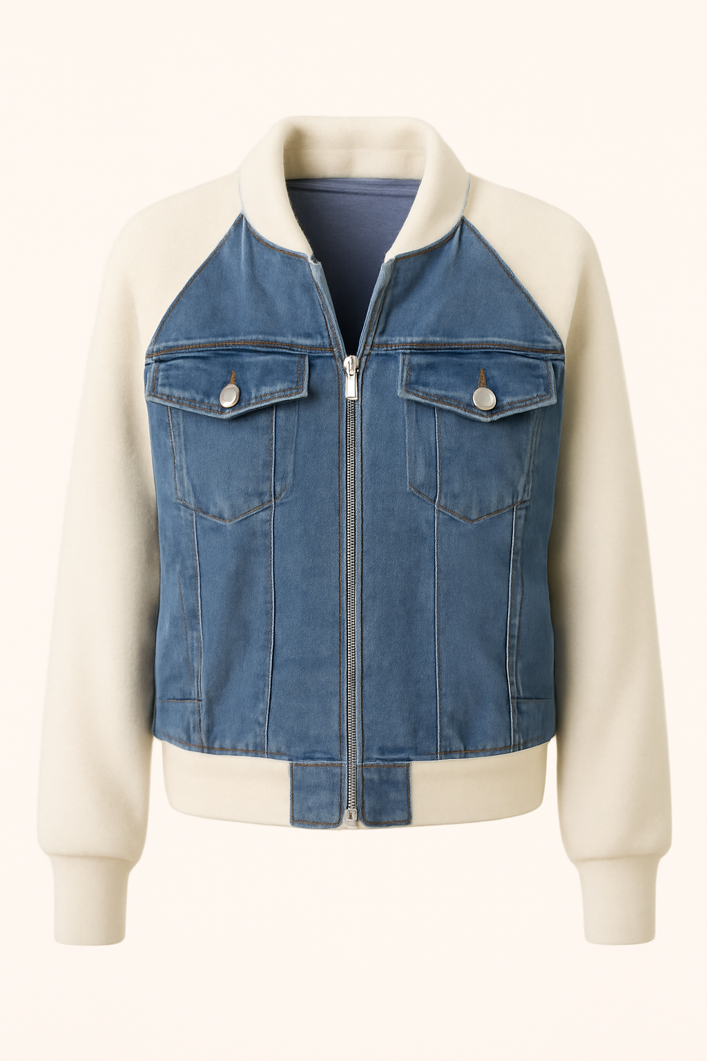 Giacca in denim color-block alla moda con comode maniche in maglia - Blu - alla block color comode denim giacca giacca denim Jackets & Coats maglia Outerwear & Jackets vrouwentops Women jackets - Concept Palermo