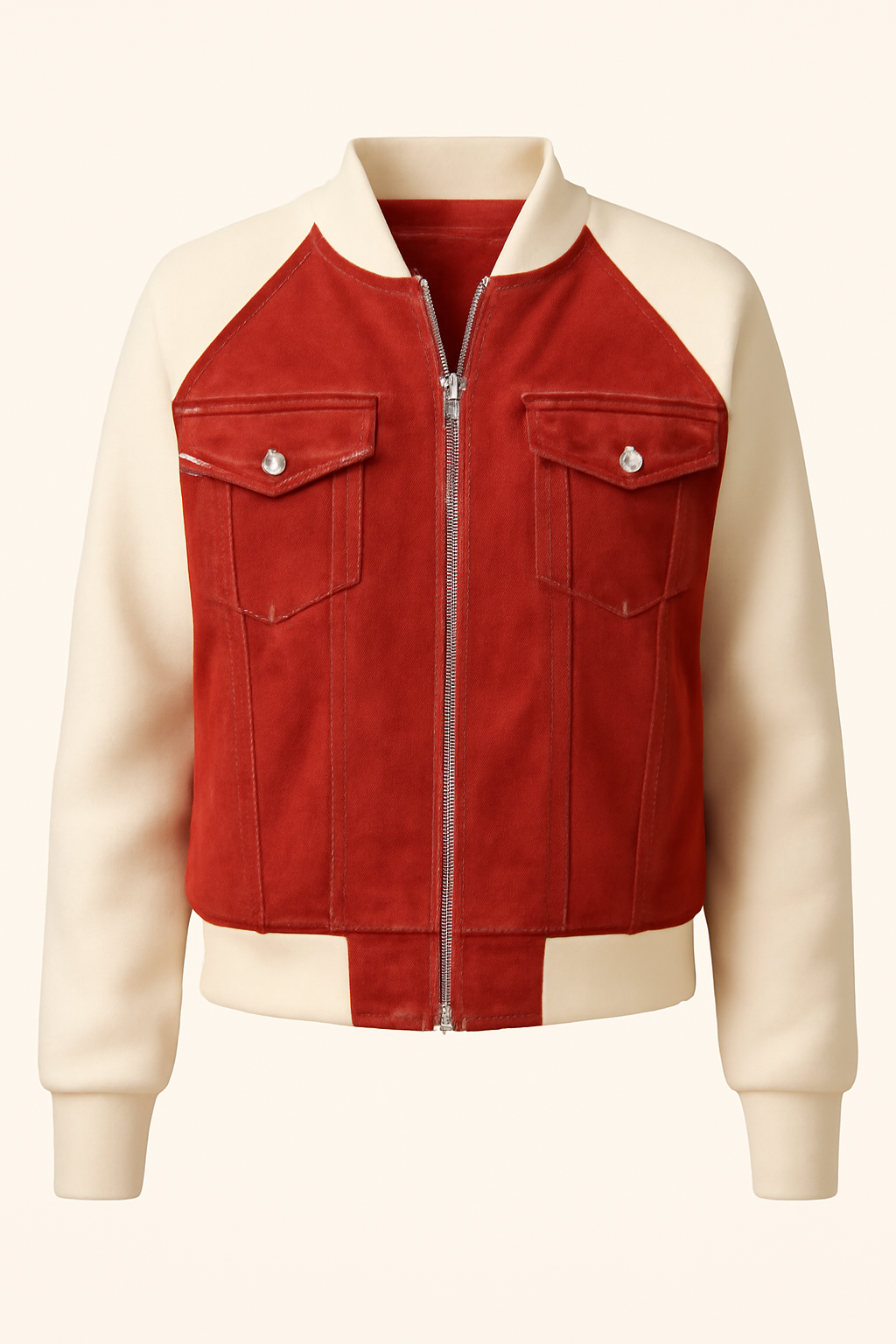 Giacca in denim color-block alla moda con comode maniche in maglia - Rosso - alla block color comode denim giacca giacca denim Jackets & Coats maglia Outerwear & Jackets vrouwentops Women jackets - Concept Palermo
