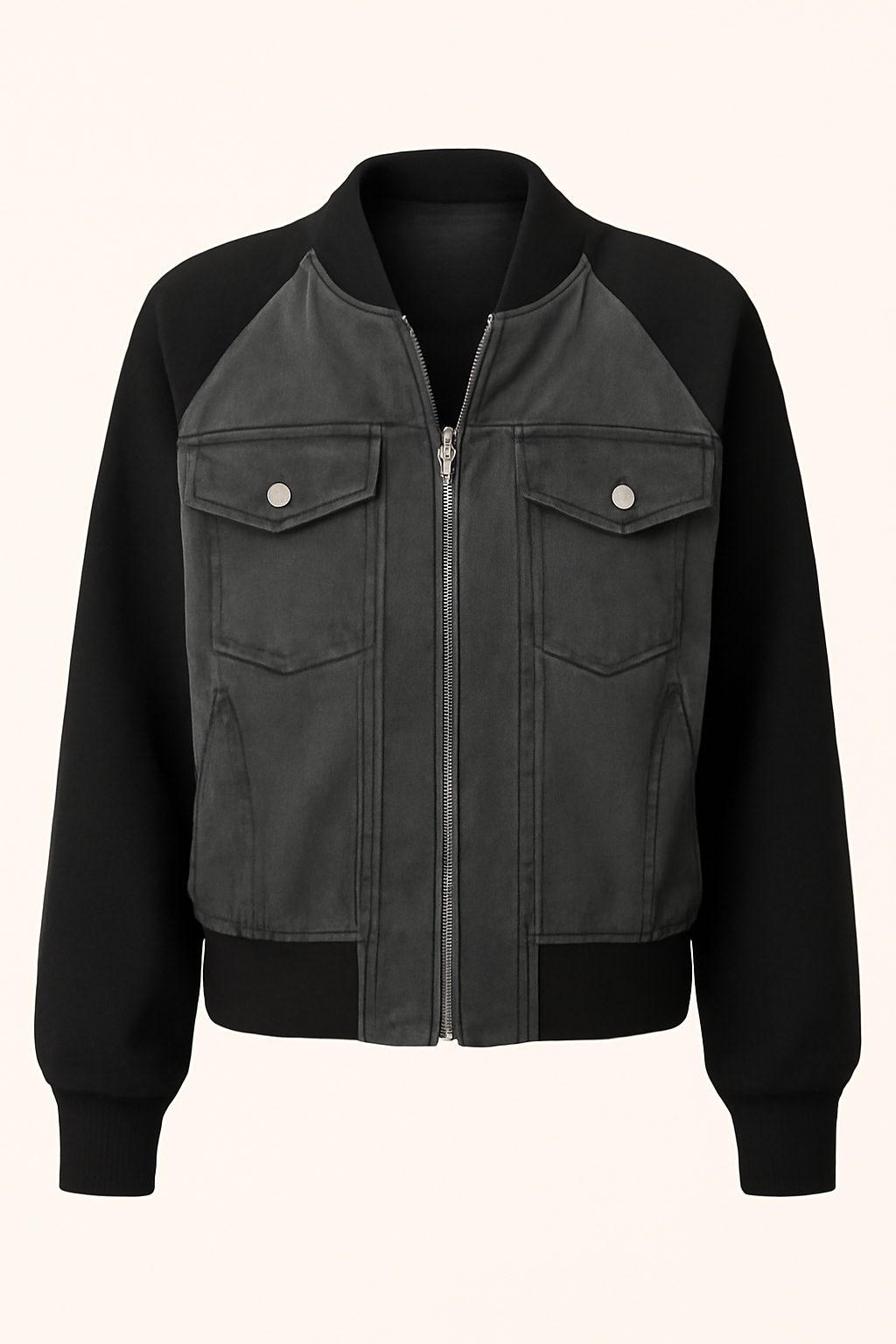 Giacca in denim color-block alla moda con comode maniche in maglia - Grigio Nera - alla block color comode denim giacca giacca denim Jackets & Coats maglia Outerwear & Jackets vrouwentops Women jackets - Concept Palermo