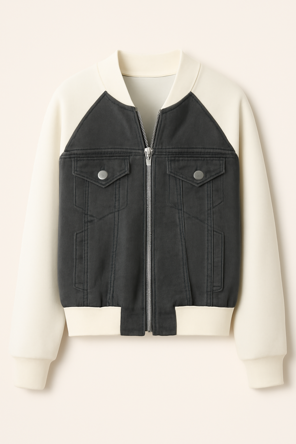 Giacca in denim color-block alla moda con comode maniche in maglia - Grigio - alla block color comode denim giacca giacca denim Jackets & Coats maglia Outerwear & Jackets vrouwentops Women jackets - Concept Palermo