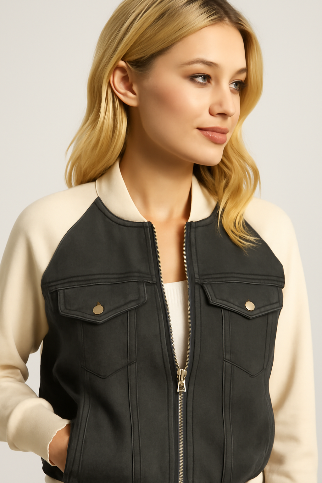 Giacca in denim color-block alla moda con comode maniche in maglia - - alla block color comode denim giacca giacca denim Jackets & Coats maglia Outerwear & Jackets vrouwentops Women jackets - Concept Palermo
