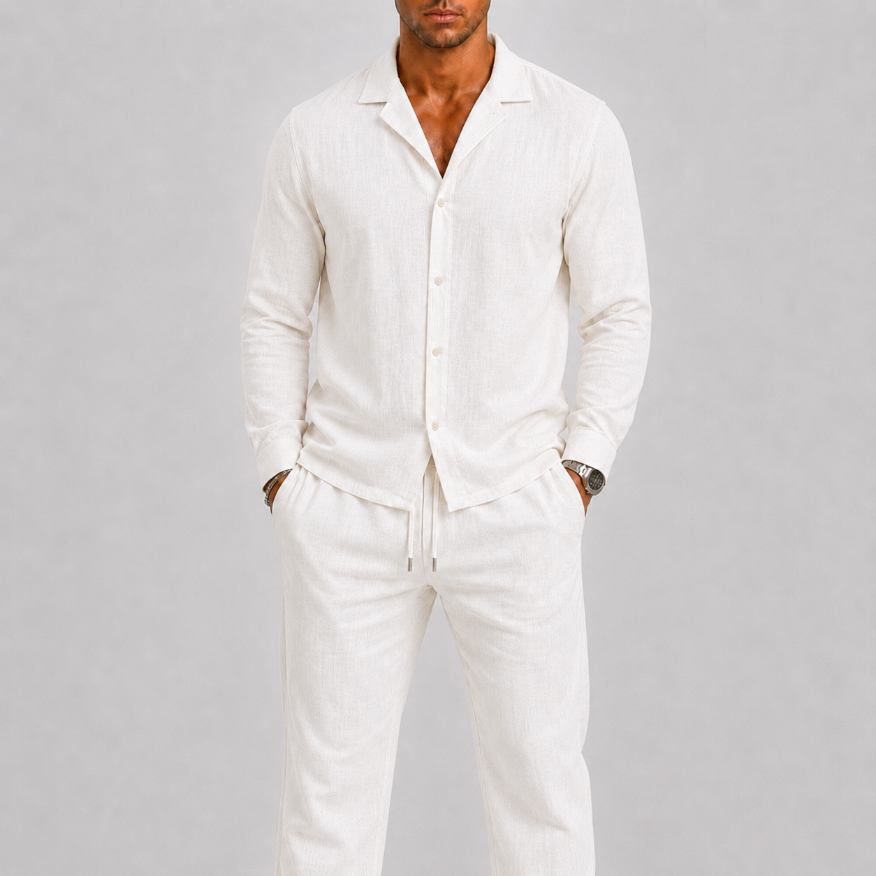 Set di lino da uomo con colletto cubano, stile estivo senza tempo - Bianco - ademend broek set casual chic comfortabel completo lino cubaanse kraag dagelijks gebruik heren mode heren overhemd heren set lente zomer lichtgewicht linnen overhemd linnen set linnenset losse pasvorm luchtig minimalistisch overhemd set relaxte pasvorm set uomo smart casual stile estivo strand stijl tijdloos vakantie stijl veelzijdig zomer overhemd zomer set zomers - Concept Palermo