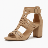 Dames sandalen met hoge hak van zwart suède, elegante laser cut details