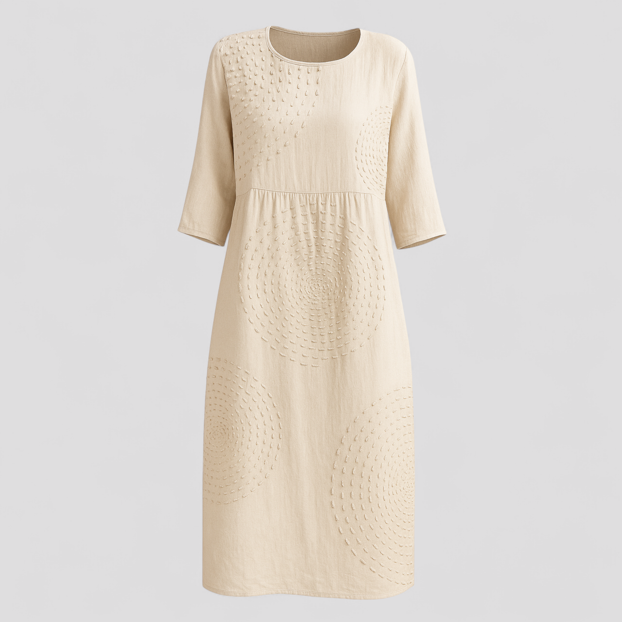 Abito Estivo Donna Floreale in Lino Leggero, Taglie S-XL - Beige - abito abito donna abito estivo donna dresses elegante estivo ideale per ogni occasione look vacanziero maniche al gomito scollo rotondo stile casual taglie disponibili tessuto leggero texture delicata versatile - Concept Palermo