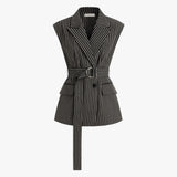 Lange gestreepte gilet met ceintuur van katoenmix voor heren