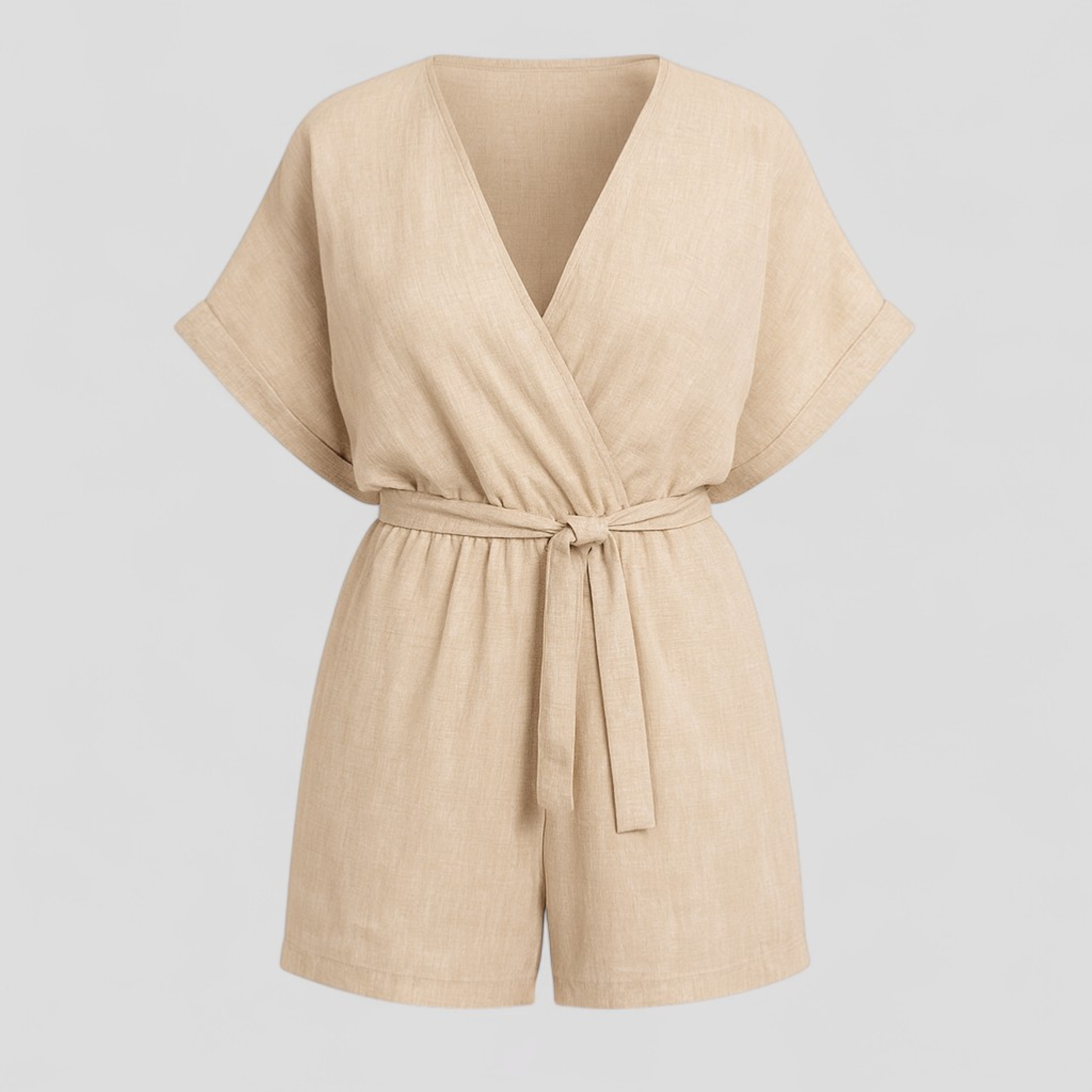 Jumpsuit Estivo in Lino per Donna - Beige - abbigliamento estivo cintura in vita design raffinato donna elegante estivo forte freschezza jumpsuit jumpsuit estivo lino look casual maniche corte occasioni informali one-pieces playsuit estivo versatile - Concept Palermo