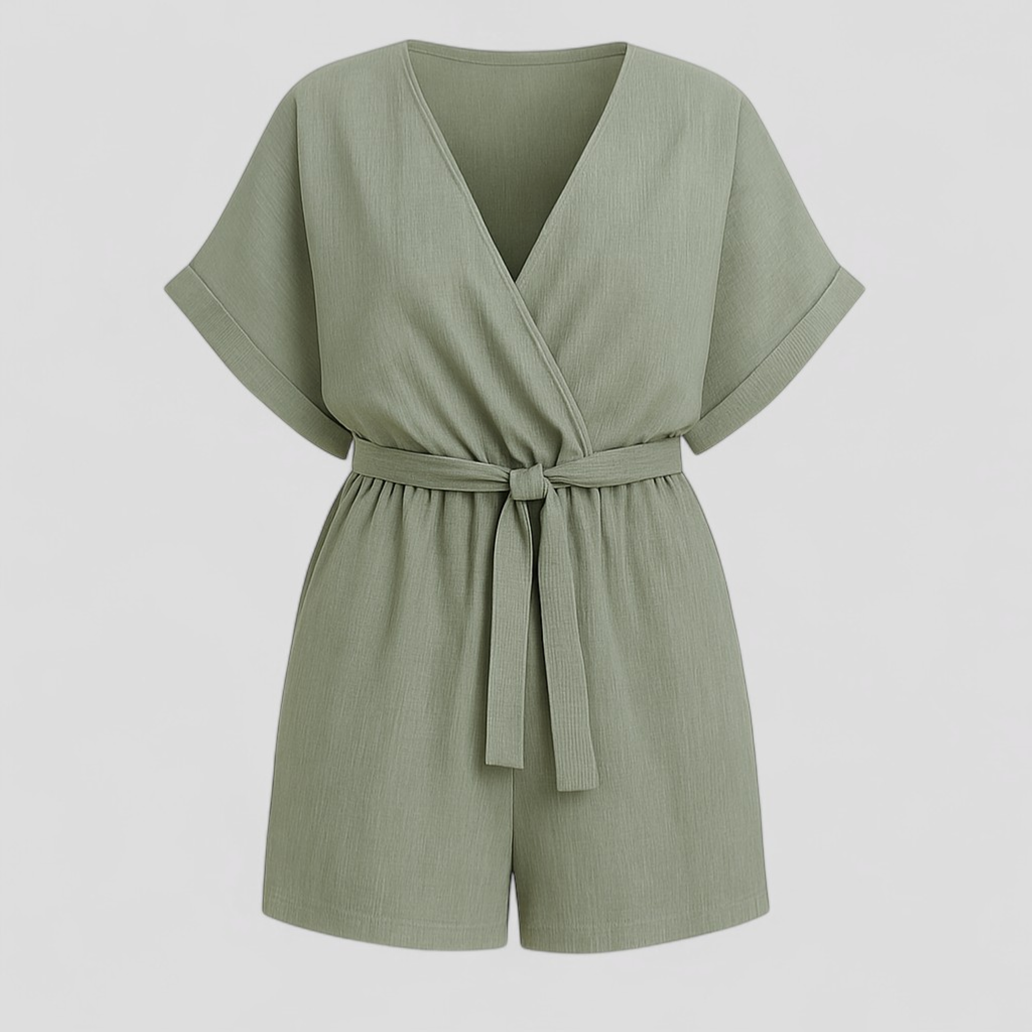 Jumpsuit Estivo in Lino per Donna - Verde - abbigliamento estivo cintura in vita design raffinato donna elegante estivo forte freschezza jumpsuit jumpsuit estivo lino look casual maniche corte occasioni informali one-pieces playsuit estivo versatile - Concept Palermo
