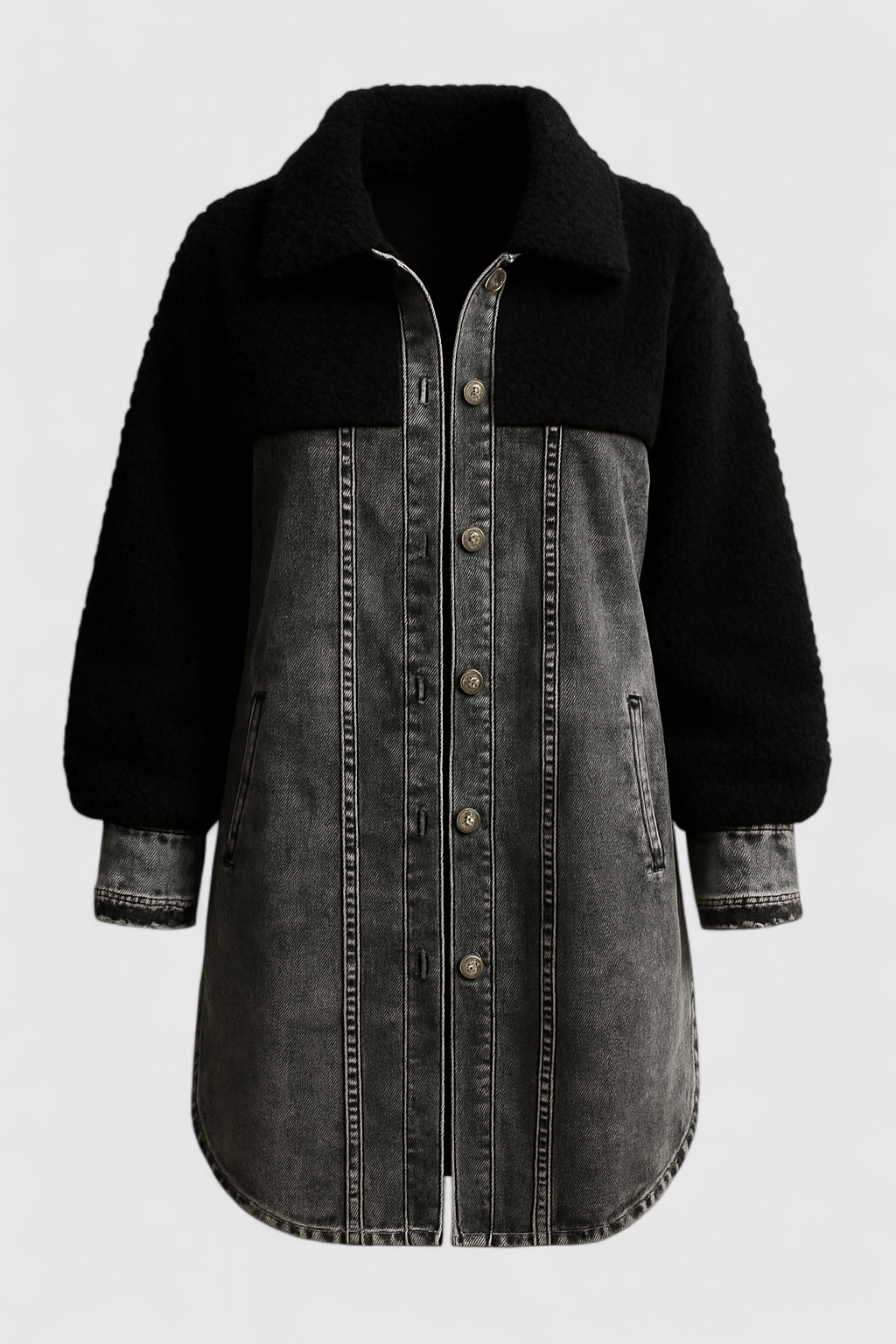 Giacca Denim Lunga con Fodera in Sherpa Donna - Nero - abbigliamento autunnale denim denim per uomo donna fodera fodera sherpa giacca giacca calda giacca comoda giacca con tasche giacca denim giacca lunga giacca primavera giacca versatile giubbotti lunga sherpa stile casual - Concept Palermo