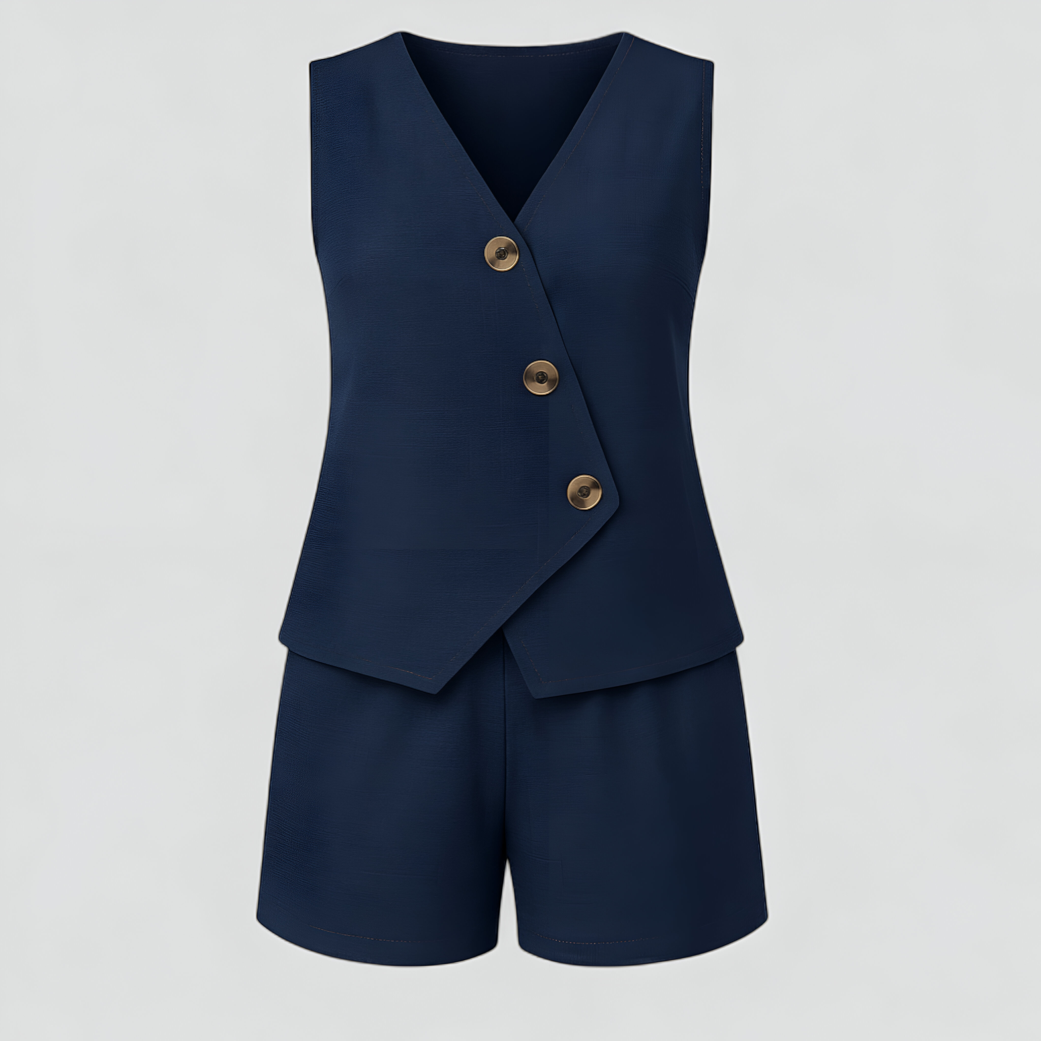 Completo Donna Estivo con Top a V e Pantaloncini Corti in Cotone - Blu scuro - abbigliamento estivo abbigliamento per tempo libero corti design versatile donna donna pantaloni moda comoda outfit casual outfit sets pantaloni pantaloni corti set due pezzi set elegante tessuto traspirante top a V - Concept Palermo