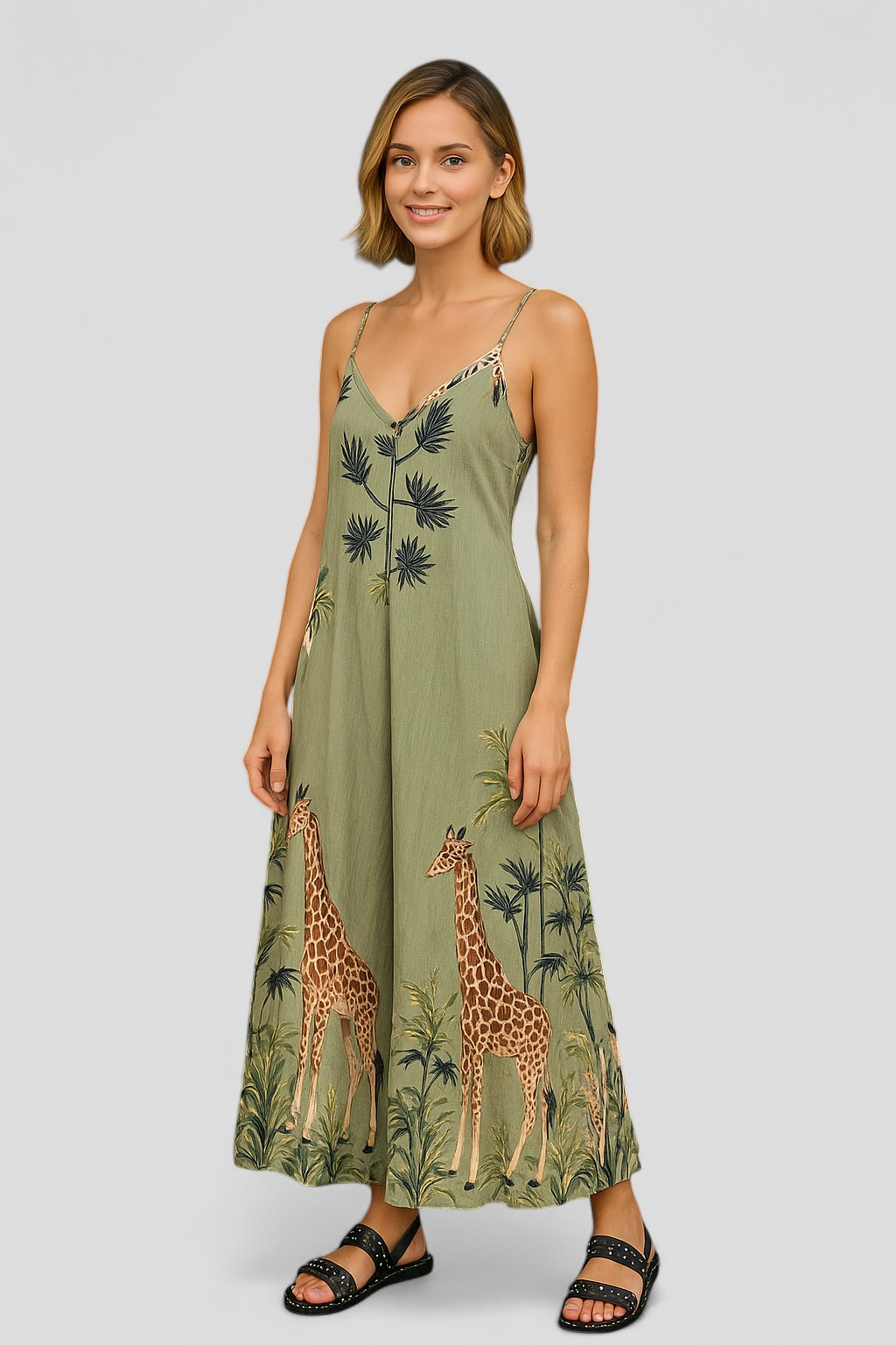 Tuta Donna Verde Ampia - - abbigliamento estivo abito comodo ampia donna jumpsuit verde moda versatile one-pieces scollo a V spalline regolabili stile safari tuta tuta ampia tuta donna tuta elegante vestibilità unica - Concept Palermo
