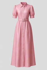 Lange Roze Jacquard Blousejurk met Bloemen en Bijpassende Tailleband Dames
