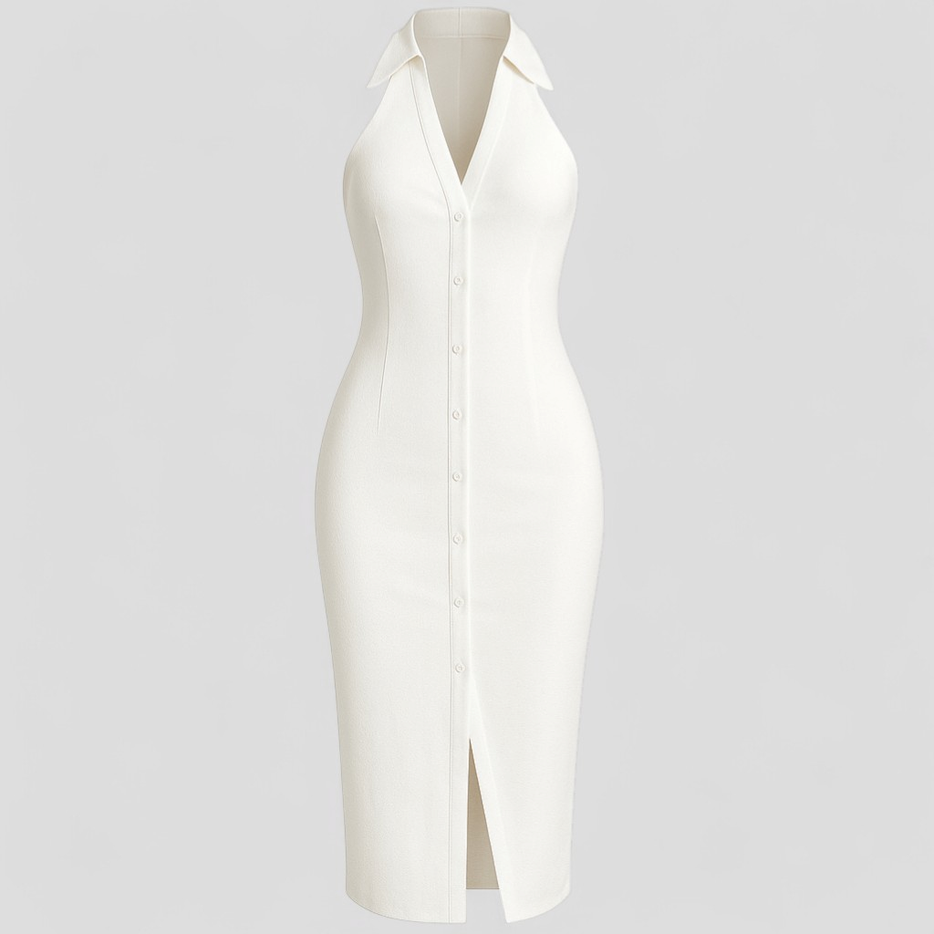 Abito Lungo con Fessura Laterale Donna - Bianco - abiti da donna abito abito fessura abito lungo elegante abito senza maniche design elegante donna fessura fessura laterale laterale materiale confortevole stile e comfort taglie disponibili S M L XL vestito casual per serate vestito con scollo a revers vestito per eventi formali - Concept Palermo