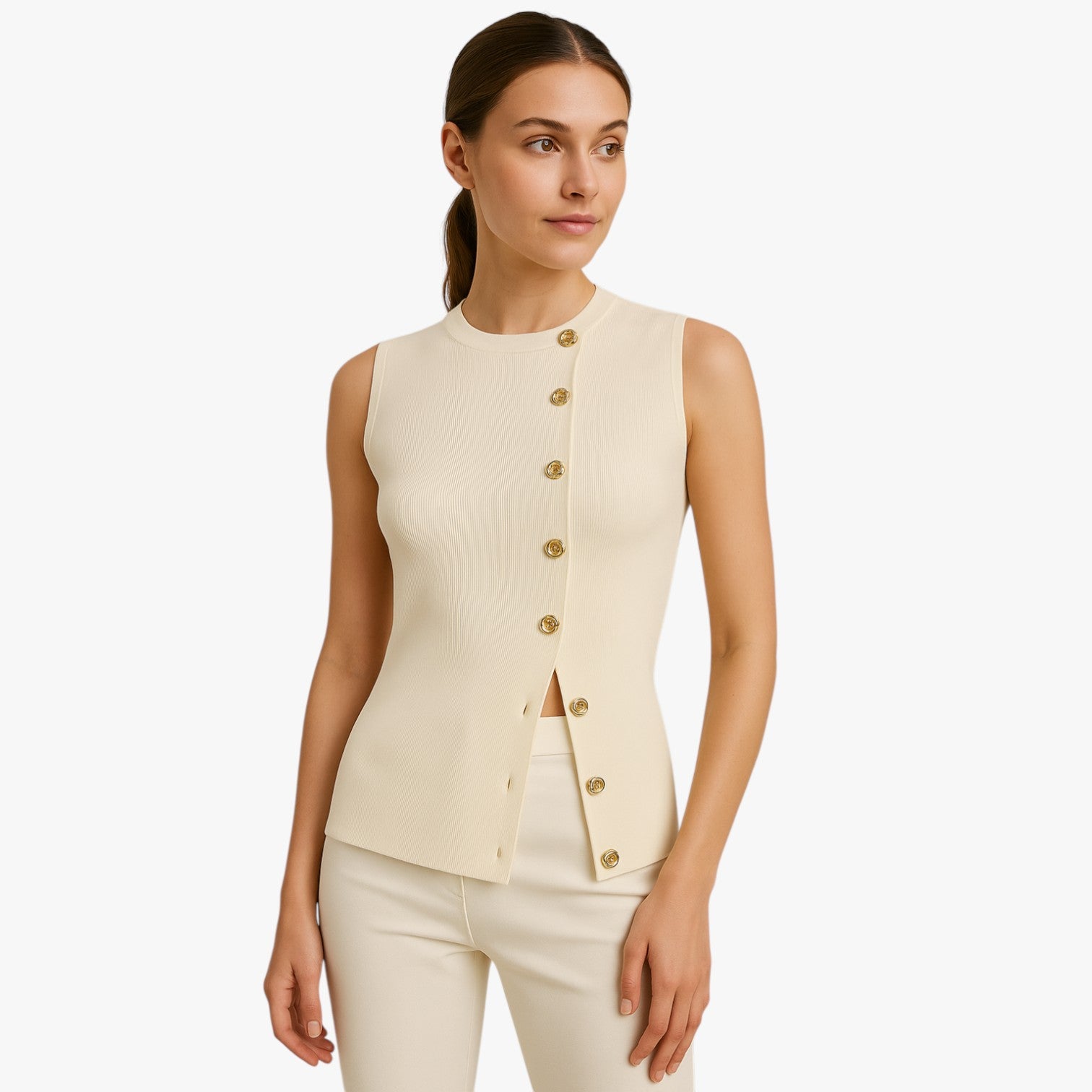 Gilet Elegante Donna con Bottoni Asimmetrici, Scollo a V, Vestibilità Slim - - asimmetrici bottoni gilet gilet bottoni regular fit slight stretch spring summer sweaters & cardigans women women clothes women's top clothes yellow - Concept Palermo