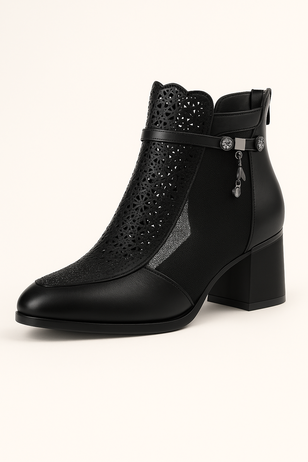 Stivaletti Donna Estivi Traforati con Tacco Medio, Gioiello e Cerniera Laterale - Nera - BOOTS Boots & Shoes dettagli estivi gioiello medio shoes stivaletti stivaletti estivi tacco - Concept Palermo