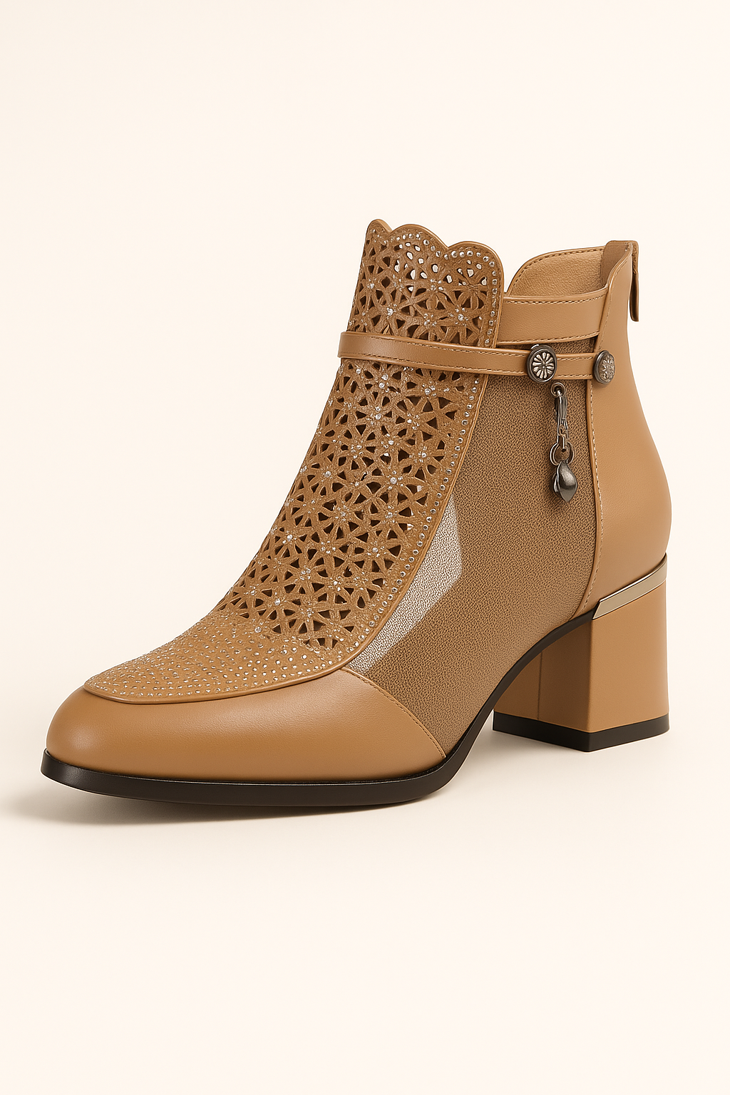 Stivaletti Donna Estivi Traforati con Tacco Medio, Gioiello e Cerniera Laterale - Marrone - BOOTS Boots & Shoes dettagli estivi gioiello medio shoes stivaletti stivaletti estivi tacco - Concept Palermo
