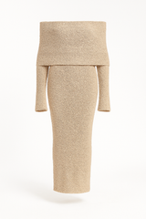 Taupe Bouclé Gebreide Midi Jurk zonder Bandjes voor Dames