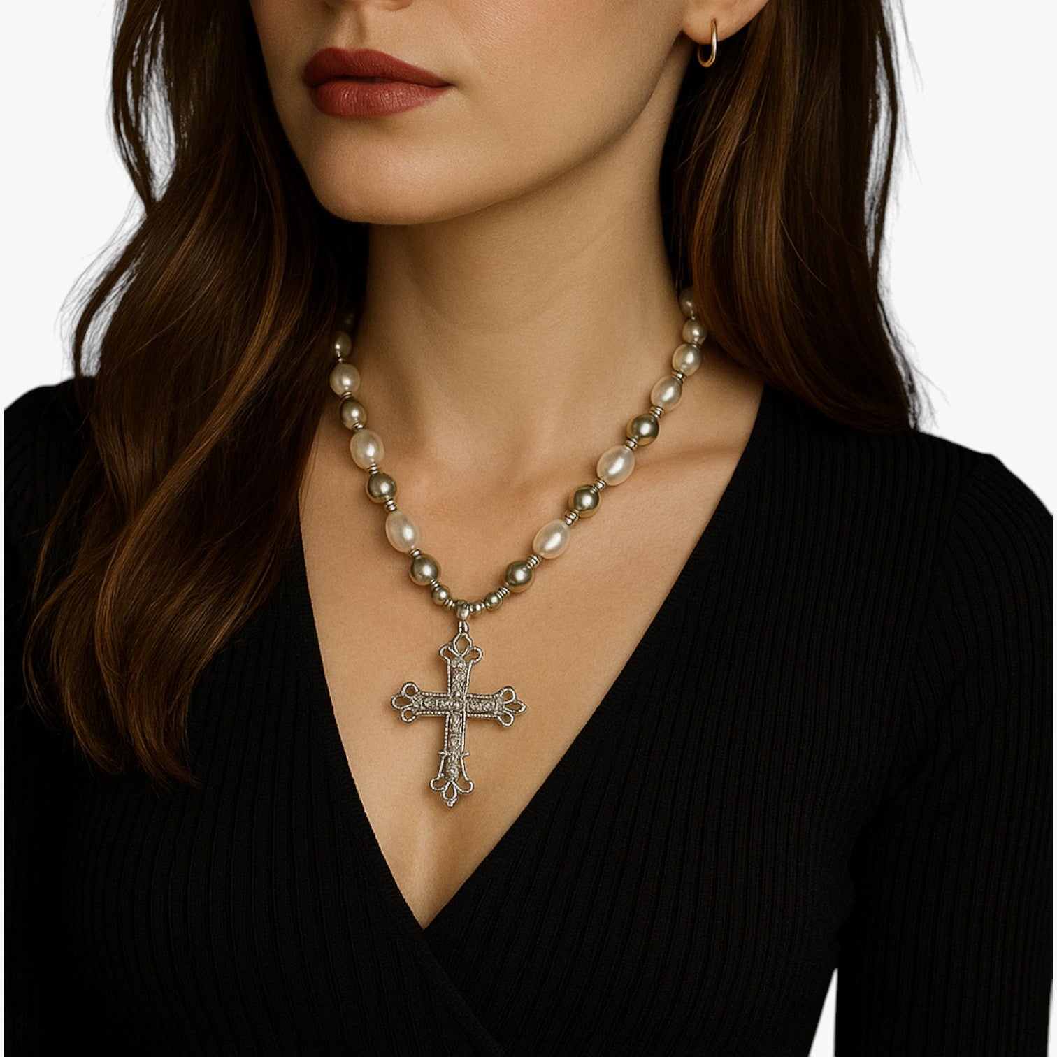 Collana Gotica con Croce in Cristallo e Perline Barocche Lana Donna - - barocche collana collana gotica cristallo croce donna elegant womens necklaces gotica jewelry necklace Necklaces for Women - Concept Palermo