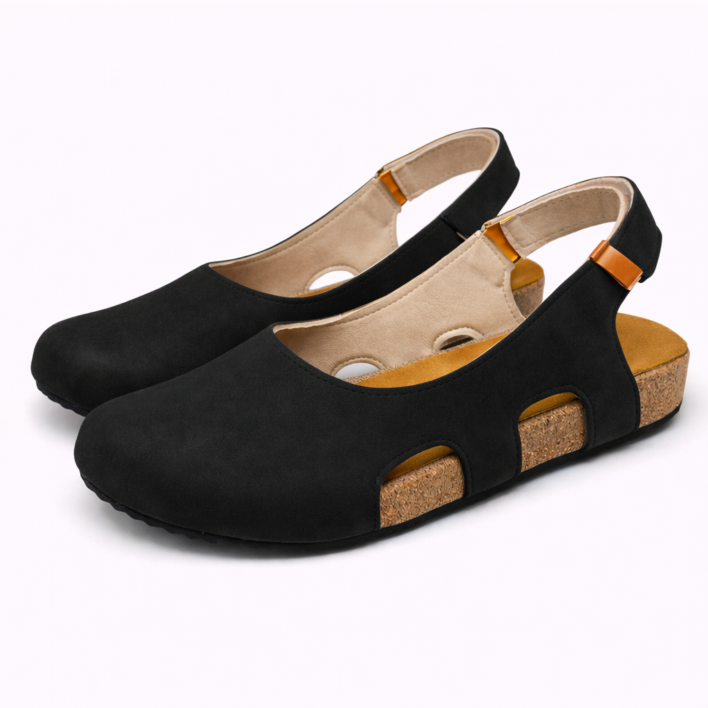 Slingback Nere Donna in Vera Pelle, Tacco 5cm, Punta Tonda: Eleganti & Comode - Nero - donna Frauen Sandalen piatta punta sandals sandlas scarpa scarpa donna slingback tonda women - Concept Palermo