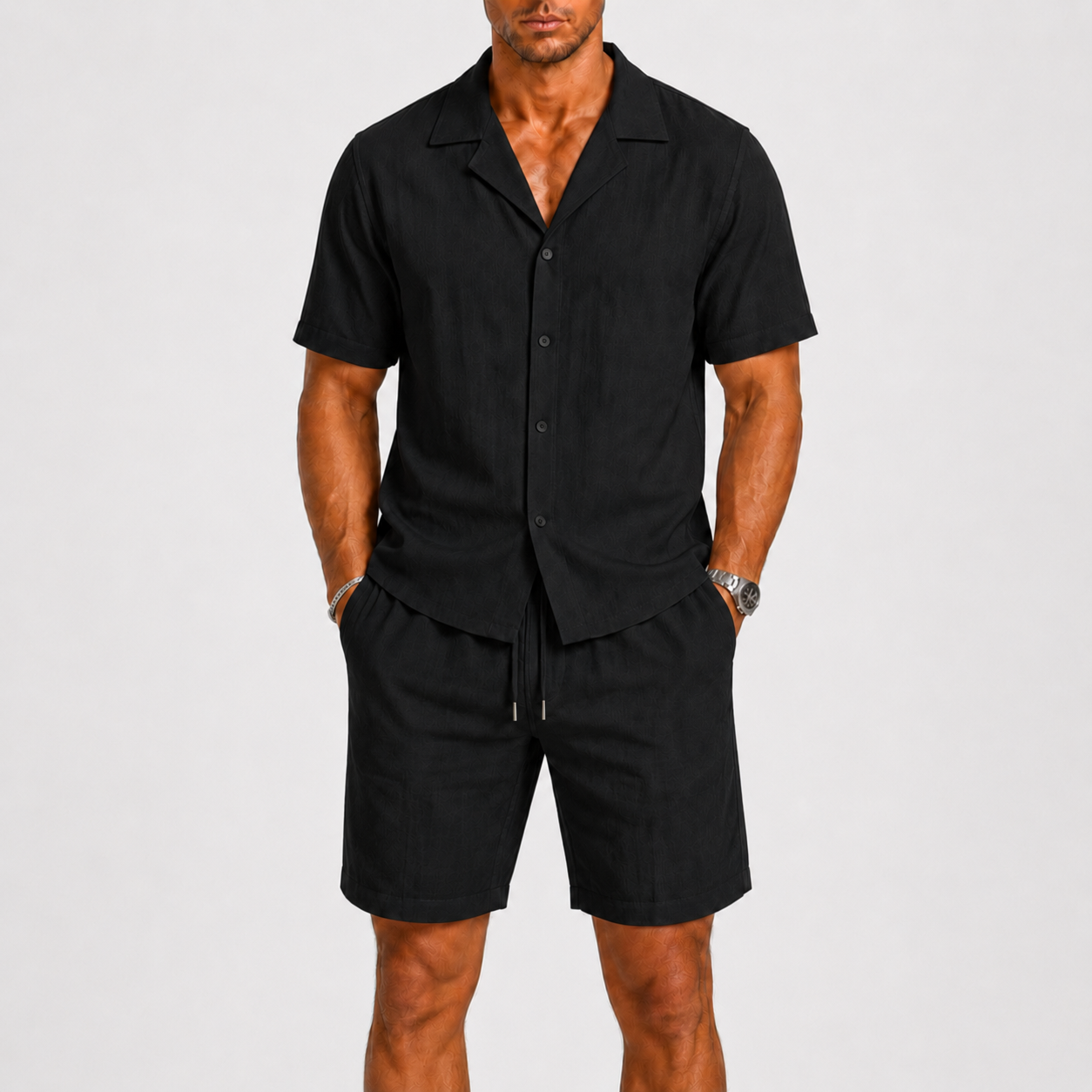 Completo in Lino da Uomo Eleganza Estiva Rilassata - Nero - ademend camp collar casual chic comfortabel completo uomo diner outfit elastische taille ele heren mode heren set lente zomer lichtgewicht linnen set linnenmix lino luchtig lunelle matching set minimalistisch overhemd set relaxte pasvorm short set smart casual strand stijl tijdloos trekkoord vakantie stijl veelzijdig zomers zomerset - Concept Palermo