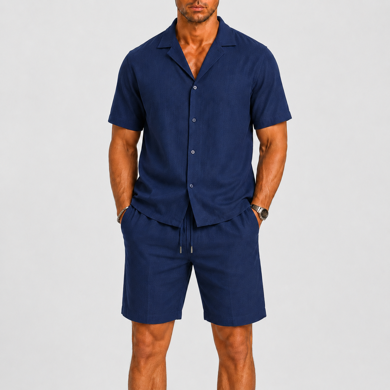 Completo in Lino da Uomo Eleganza Estiva Rilassata - Blu Marino - ademend camp collar casual chic comfortabel completo uomo diner outfit elastische taille ele heren mode heren set lente zomer lichtgewicht linnen set linnenmix lino luchtig lunelle matching set minimalistisch overhemd set relaxte pasvorm short set smart casual strand stijl tijdloos trekkoord vakantie stijl veelzijdig zomers zomerset - Concept Palermo