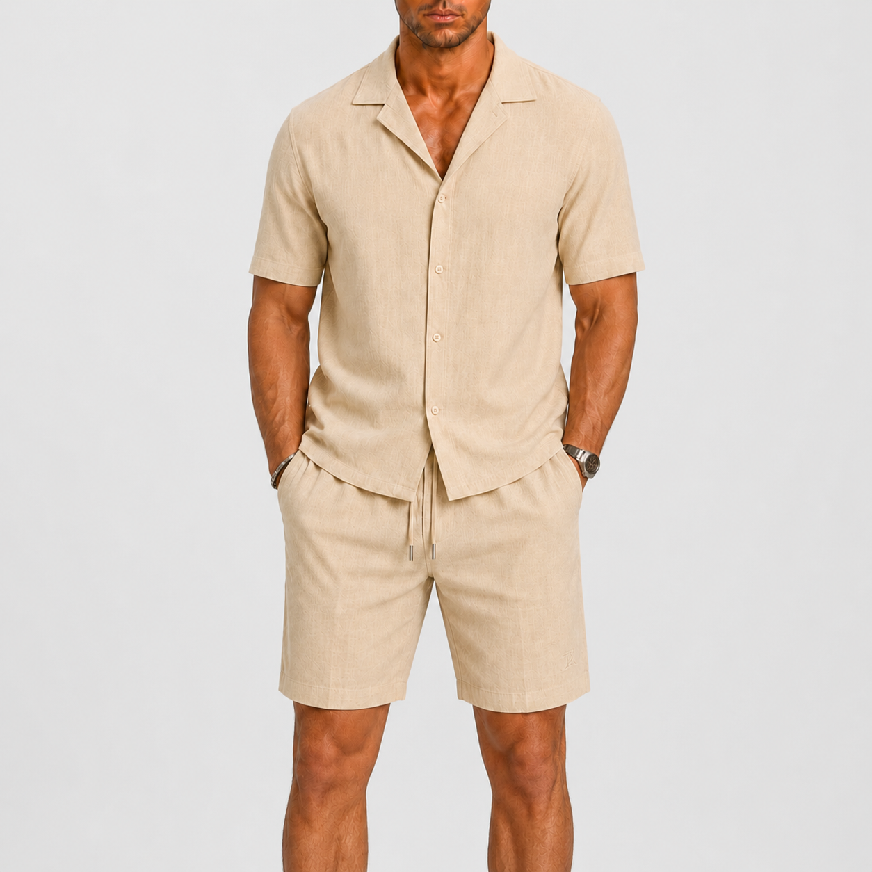 Completo in Lino da Uomo Eleganza Estiva Rilassata - Beige - ademend camp collar casual chic comfortabel completo uomo diner outfit elastische taille ele heren mode heren set lente zomer lichtgewicht linnen set linnenmix lino luchtig lunelle matching set minimalistisch overhemd set relaxte pasvorm short set smart casual strand stijl tijdloos trekkoord vakantie stijl veelzijdig zomers zomerset - Concept Palermo