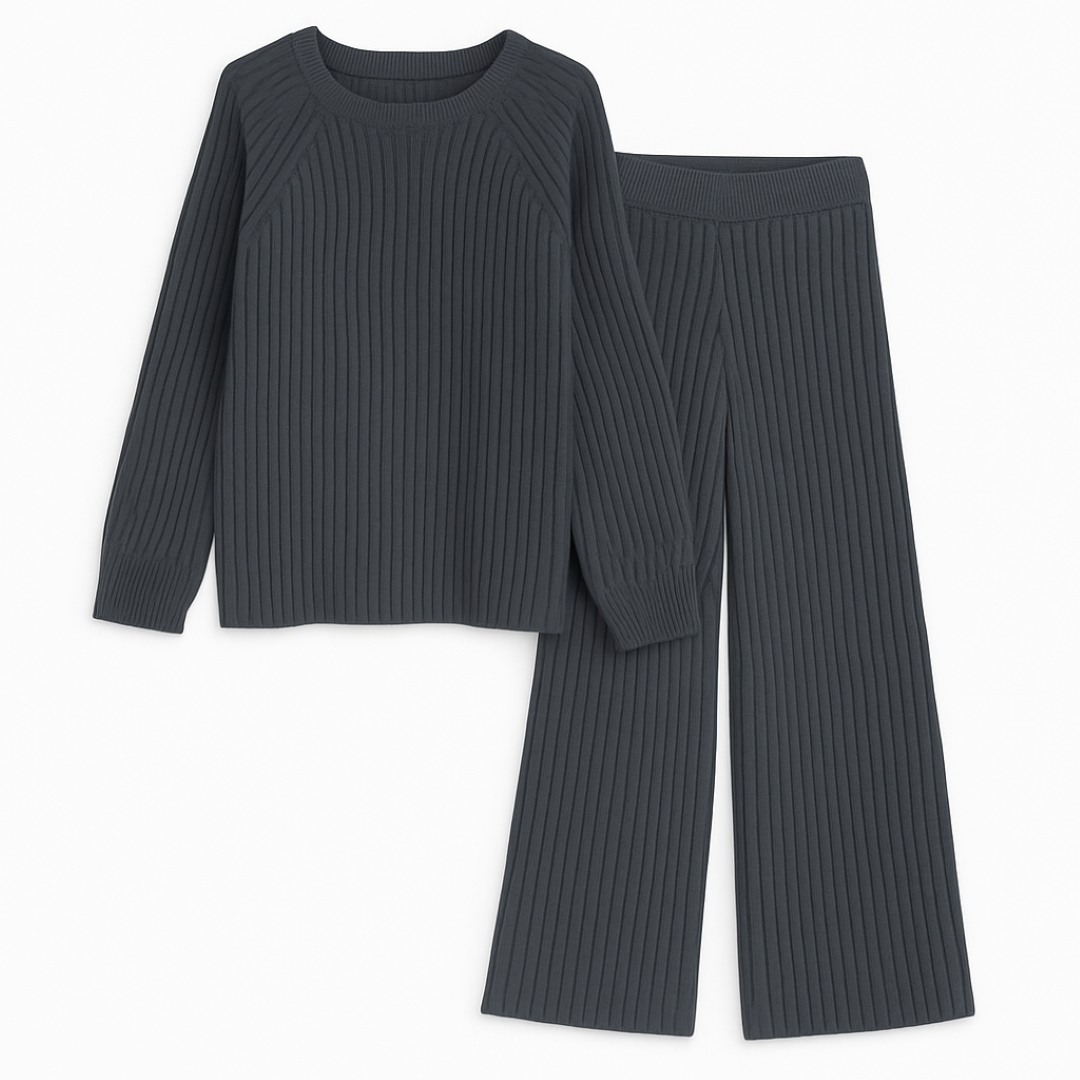 Set da lounge a coste comodo Donna - Grigio scuro - 2-Piece Sets coste donna Knitted Tops lounge lounge coste outfit sets SC - Clothing Women Spring Women - Concept Palermo