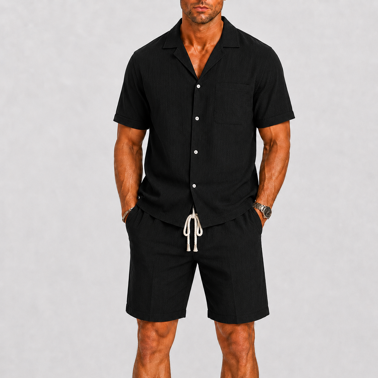 Set Estivo da Uomo Camicia e Pantaloncini - Nero - ademend camicia pantalon casual casual chic comfortabel completo estivo dagelijks gebruik elastische taille heren mode heren set korte broek set lente zomer lichtgewicht lounge outfit lunelle minimalistisch overhemd korte mouwen overhemd set reis outfit relaxte pasvorm set uomo short set smart casual strand stijl vakantie stijl veelzijdig zomers zomerset - Concept Palermo