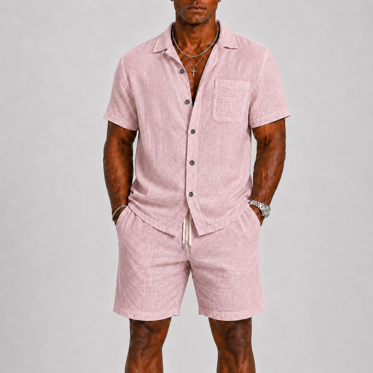 Completo Lino da Uomo Camicia e Pantaloncini - Rosa - ademend borstzak casual casual chic comfortabel completo uomo elastische taille heren mode heren set korte broek set lente zomer lichtgewicht linnen katoen linnen set losse pasvorm lunelle minimalistisch overhemd korte mouwen overhemd set relaxte pasvorm set lino short set strand stijl terras outfit veelzijdig zomers zomerset - Concept Palermo