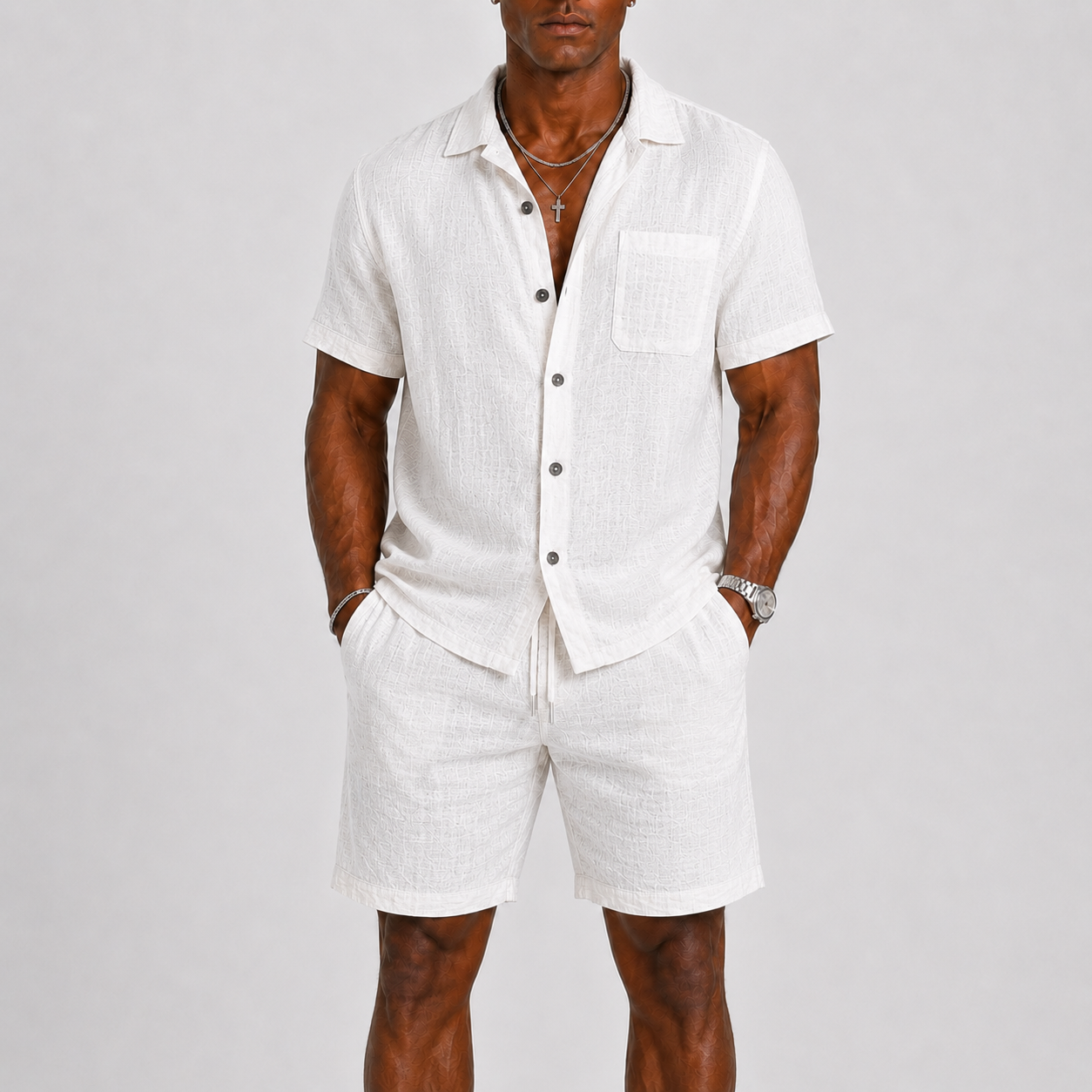 Completo Lino da Uomo Camicia e Pantaloncini - Bianco - ademend borstzak casual casual chic comfortabel completo uomo elastische taille heren mode heren set korte broek set lente zomer lichtgewicht linnen katoen linnen set losse pasvorm lunelle minimalistisch overhemd korte mouwen overhemd set relaxte pasvorm set lino short set strand stijl terras outfit veelzijdig zomers zomerset - Concept Palermo
