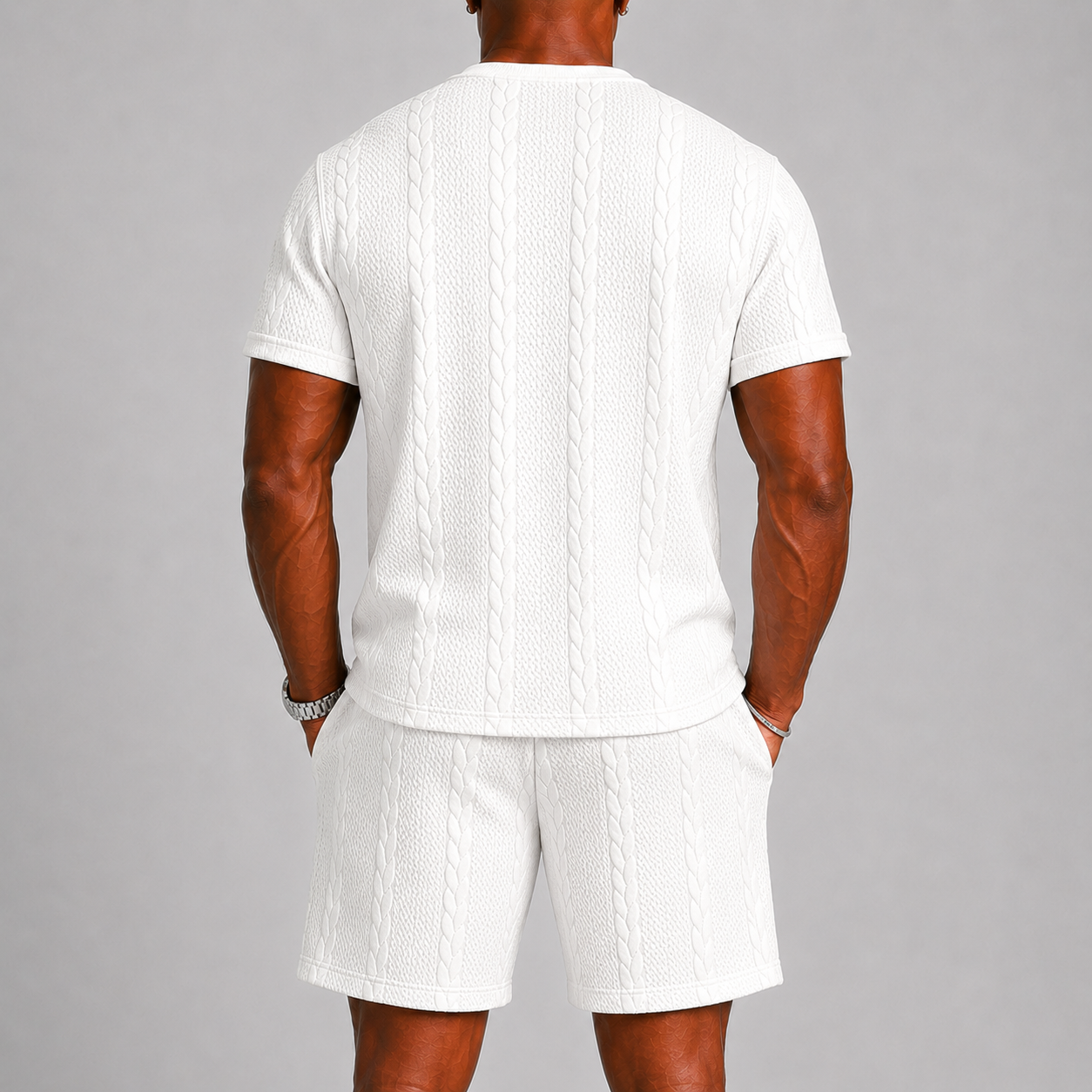 Completo Estivo da Uomo con T-shirt e Pantaloncini - - abbigli ademend casual comfortabel completo uomo gebreide structuur heren mode heren set korte broek set lente zomer lichtgewicht lunelle minimalistisch modern reis outfit ronde hals set estivo short set stijlvol strand stijl t-shirt set trekkoord vakantie stijl veelzijdig zomers zomerset - Concept Palermo