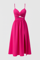 Elegante midi-jurk voor dames in zwart met split en details in imitatieleren - dunne bandjes  