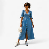 Glanzende damesjurk van donkerblauw denim met strass - casual elegante jurk
