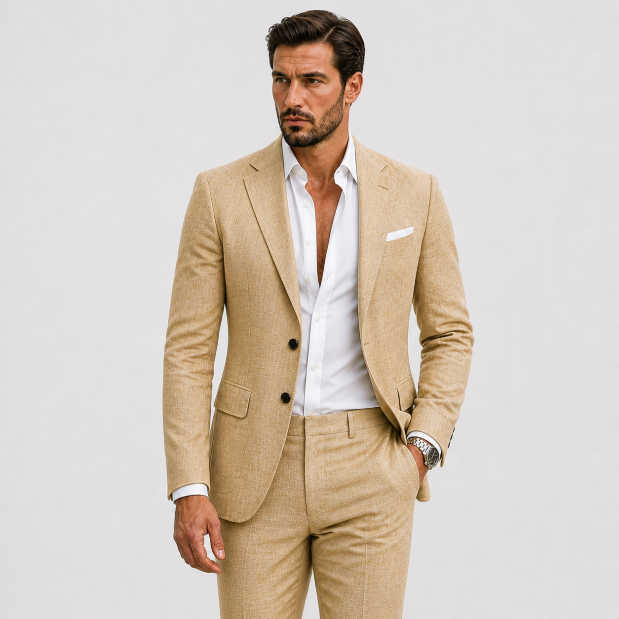 Abito in Lino da Uomo Slim-Fit Eleganza Estiva - Kaki - abito uomo ademend bruiloft outfit elegant fav formeel heren heren linnen heren mode heren pak Lente lente zomer lichtgewicht Linnen linnen pak lino minimalistisch sets Sets heren Slim Fit smart casual tijdloos Truien & Vesten heren veelzijdig zakelijke kleding Zakelijke sets heren Zomer zomer pak zomers - Concept Palermo