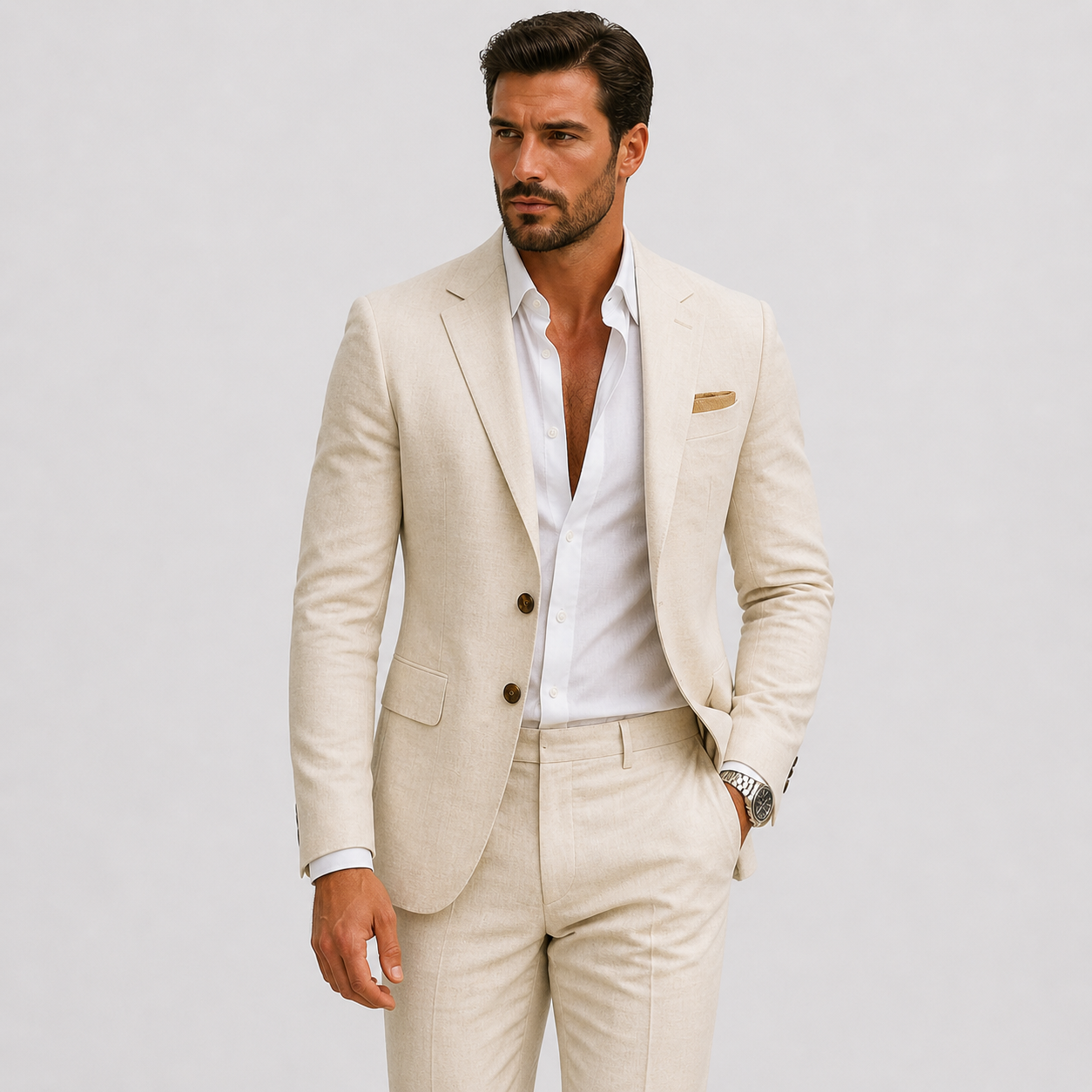 Abito in Lino da Uomo Slim-Fit Eleganza Estiva - Beige - abito uomo ademend bruiloft outfit elegant fav formeel heren heren linnen heren mode heren pak Lente lente zomer lichtgewicht Linnen linnen pak lino minimalistisch sets Sets heren Slim Fit smart casual tijdloos Truien & Vesten heren veelzijdig zakelijke kleding Zakelijke sets heren Zomer zomer pak zomers - Concept Palermo