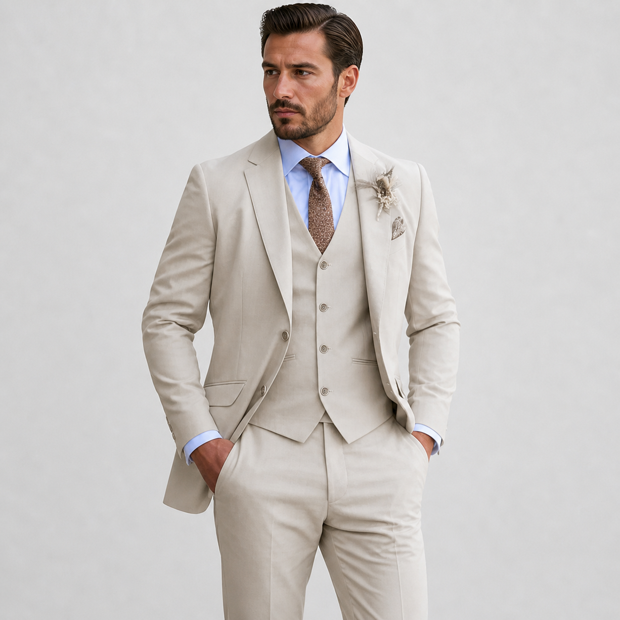 Completo Tre Pezzi da Uomo Slim-Fit Set Business di Lusso - Beige - abito tre pezzi bruiloft outfit comfortabel completo uomo driedelig pak elegant feestkleding formeel gala outfit heren heren mode heren pak Herfst knitwear Lente luxe pak sets Sets heren Slim Fit smart casual stijlvol tijdloos veelzijdig verzorgde uitstraling vesten Vesten heren Winter zakelijke kleding - Concept Palermo