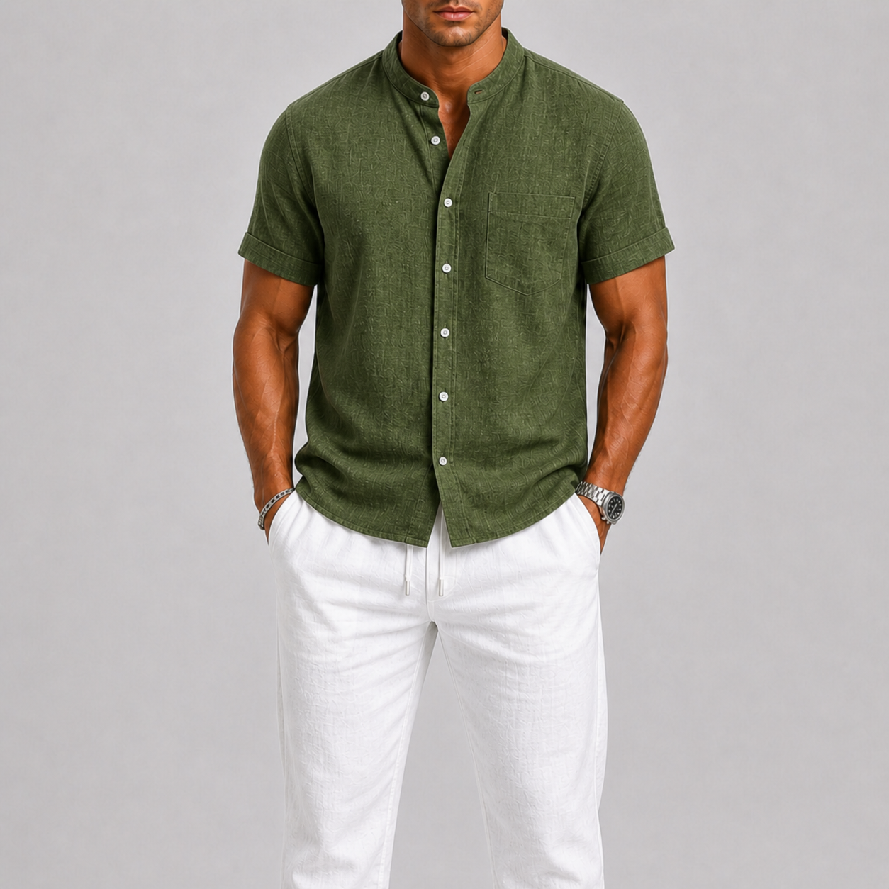 Completo di Lino da Uomo Camicia e Pantaloni Stile Estivo Leggero - Verde - ademend camicia pantal casual chic comfortabel completo uomo dagelijks gebruik heren mode heren set lente zomer lichtgewicht linnen set lino losse pasvorm luchtig minimalistisch overhemd set oversized fit pantalon set smart casual strand stijl tijdloos vakantie stijl veelzijdig zomer set zomers - Concept Palermo