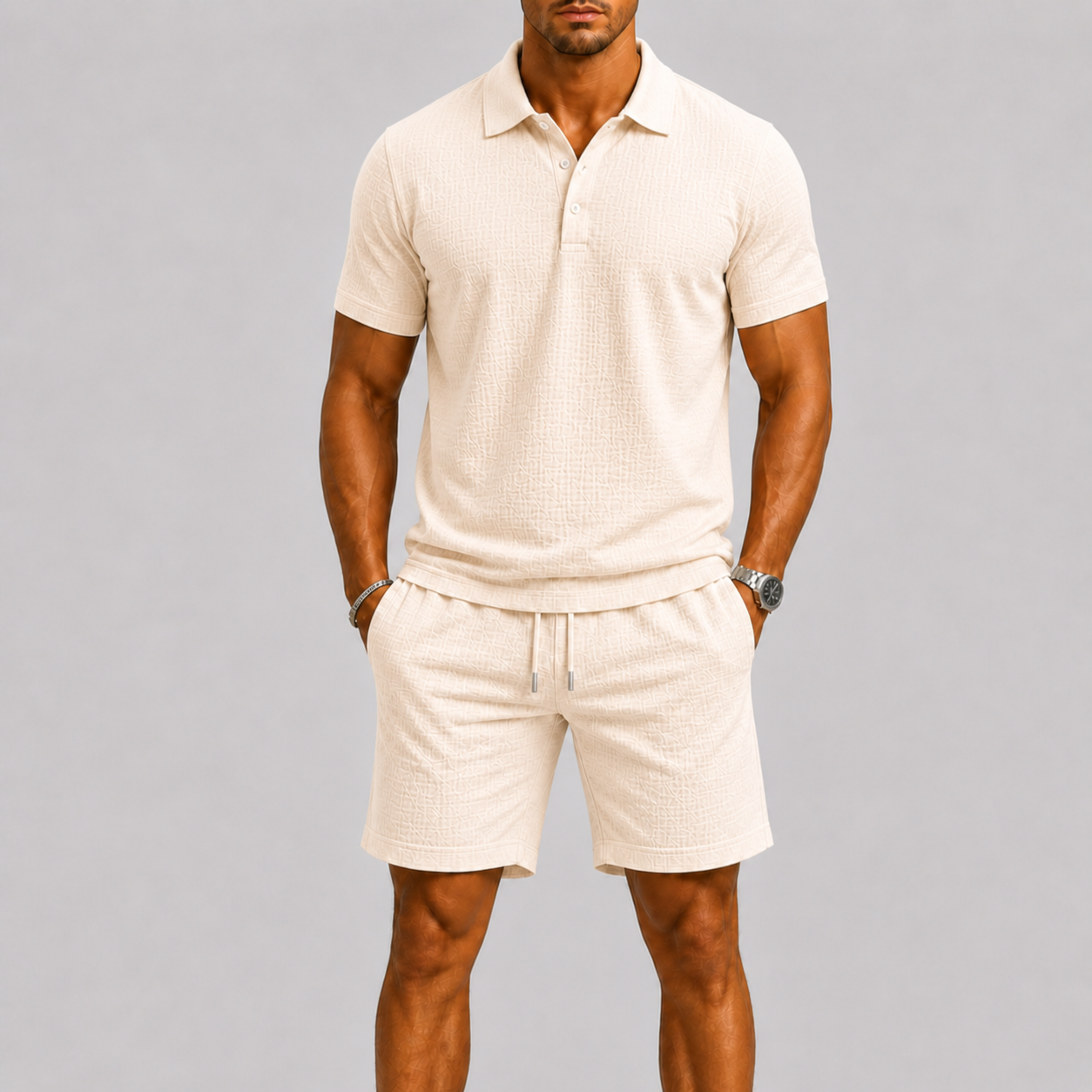 Set Estivo da Uomo con Camicia e Pantaloncini Jacquard, Vestibilità Comoda ed Elegante - Albicocca - ademend camicia pant casual chic comfort fit completo estivo dagelijks gebruik heren mode heren set jacquard set lente zomer lichtgewicht losse pasvorm minimalistisch modern overhemd set set uomo short set smart casual stijlvol strand stijl vakantie stijl veelzijdig zomer outfit zomers zomerset - Concept Palermo