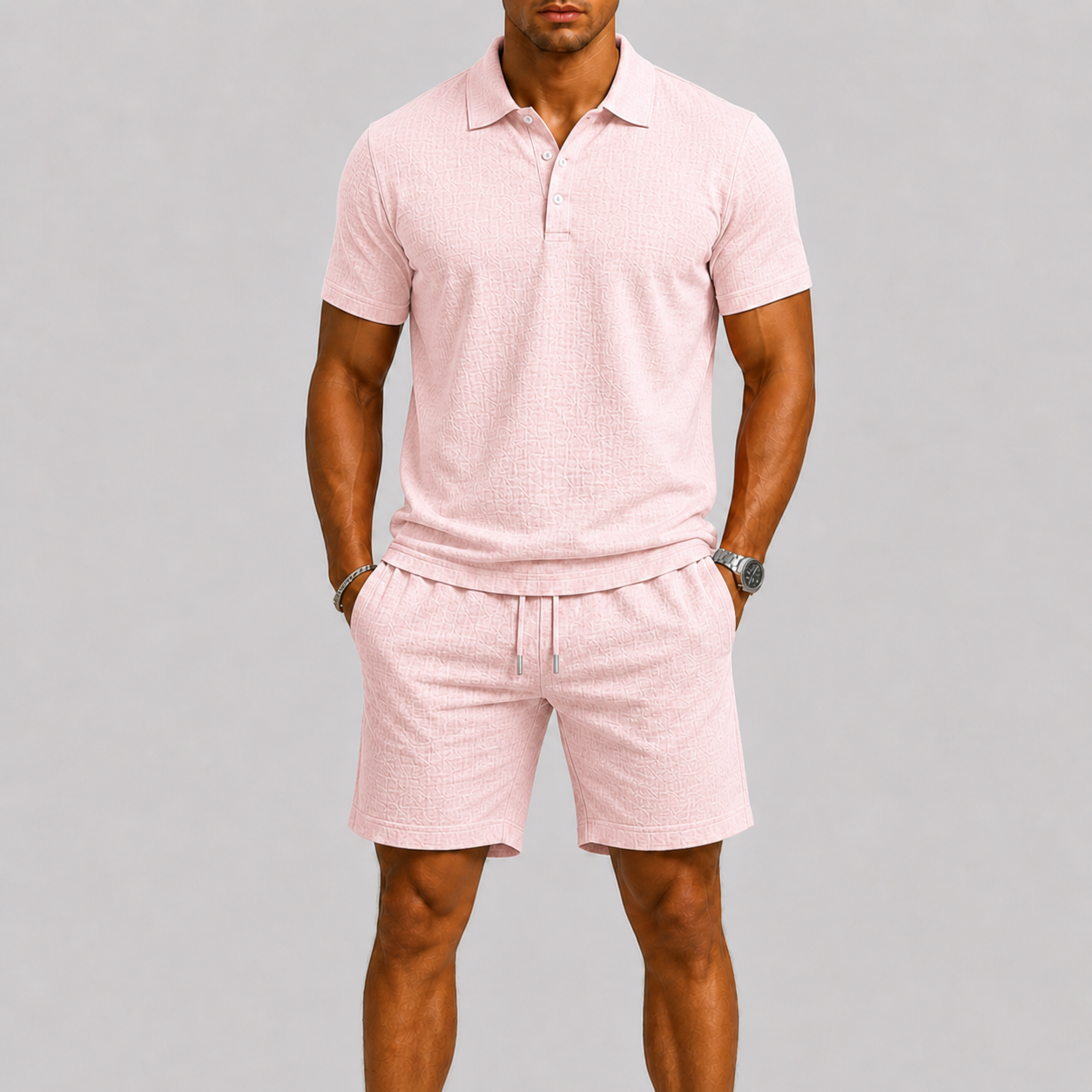 Set Estivo da Uomo con Camicia e Pantaloncini Jacquard, Vestibilità Comoda ed Elegante - Rosa - ademend camicia pant casual chic comfort fit completo estivo dagelijks gebruik heren mode heren set jacquard set lente zomer lichtgewicht losse pasvorm minimalistisch modern overhemd set set uomo short set smart casual stijlvol strand stijl vakantie stijl veelzijdig zomer outfit zomers zomerset - Concept Palermo