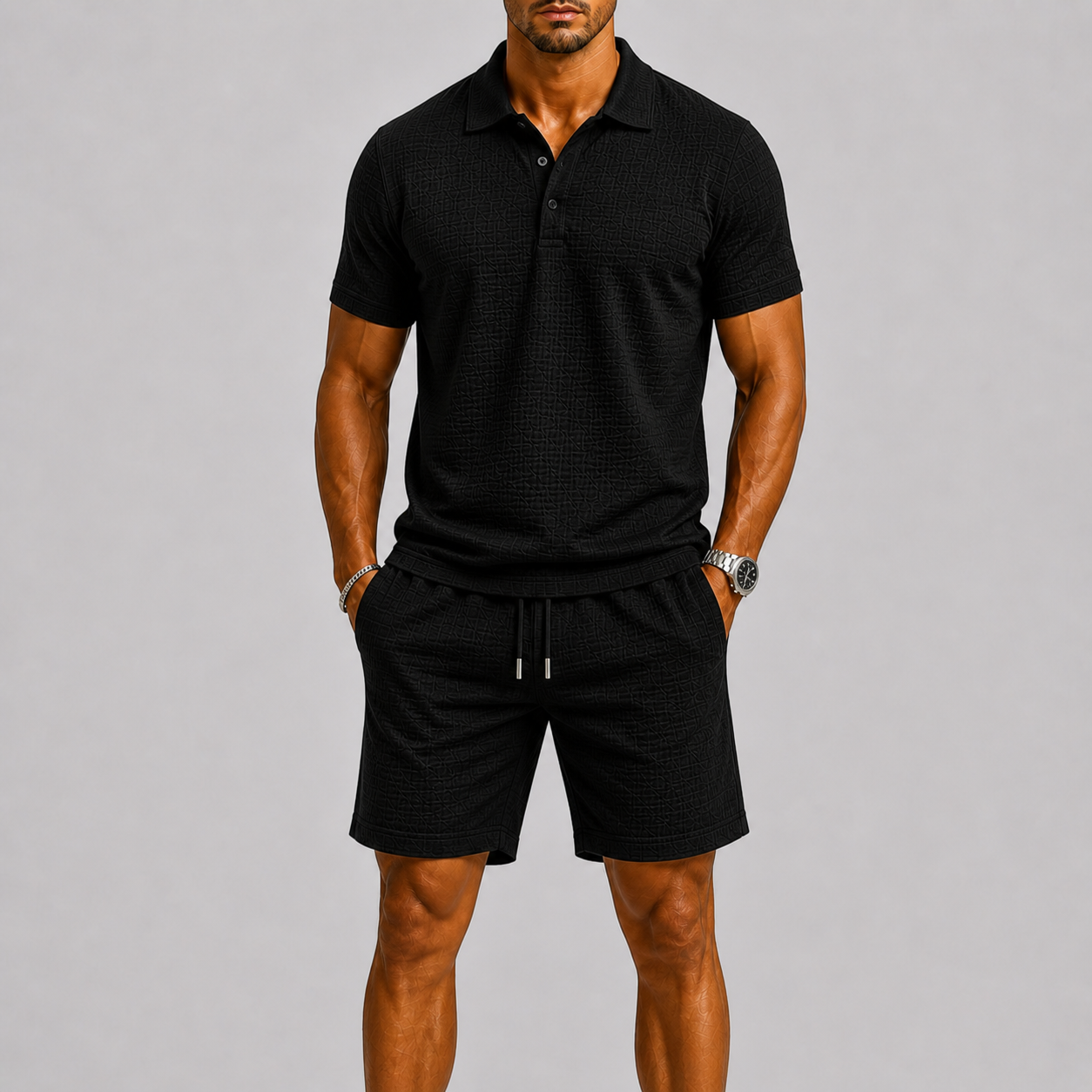 Set Estivo da Uomo con Camicia e Pantaloncini Jacquard, Vestibilità Comoda ed Elegante - Nero - ademend camicia pant casual chic comfort fit completo estivo dagelijks gebruik heren mode heren set jacquard set lente zomer lichtgewicht losse pasvorm minimalistisch modern overhemd set set uomo short set smart casual stijlvol strand stijl vakantie stijl veelzijdig zomer outfit zomers zomerset - Concept Palermo