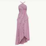 Lange elegante lila satijnen damesjurk - avondjurk voor ceremonies